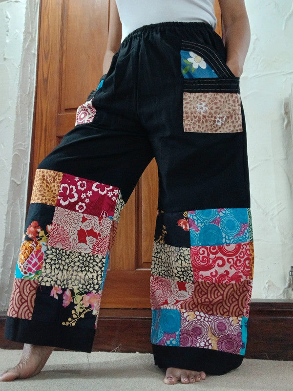 Handmade Black Multicolour Harem Pants Unique Random Patchwork Hippie Trousers