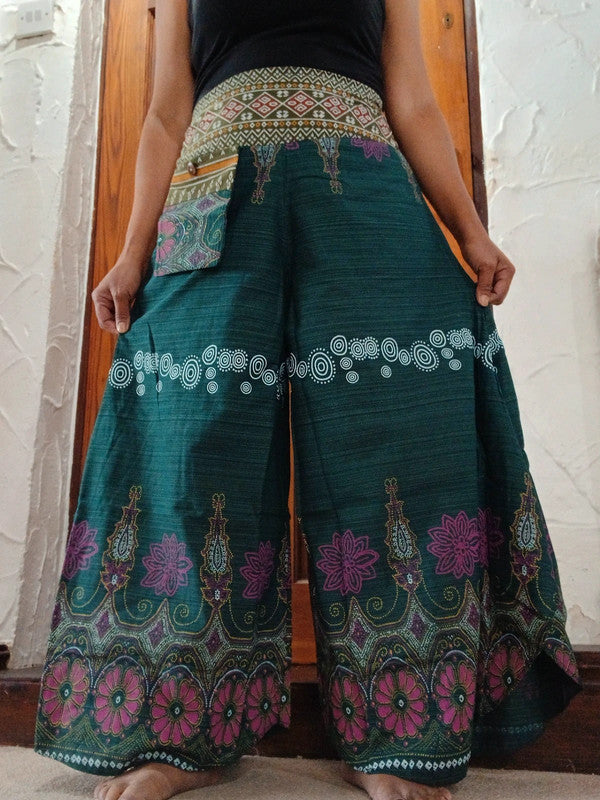 Dark Green Bohemian Flower Print Wide Leg Palazzo Harem Pants Hippie Trousers
