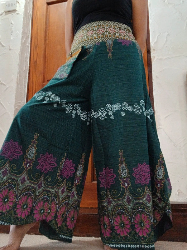 Dark Green Bohemian Flower Print Wide Leg Palazzo Harem Pants Hippie Trousers