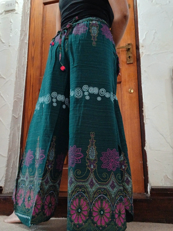 Dark Green Bohemian Flower Print Wide Leg Palazzo Harem Pants Hippie Trousers
