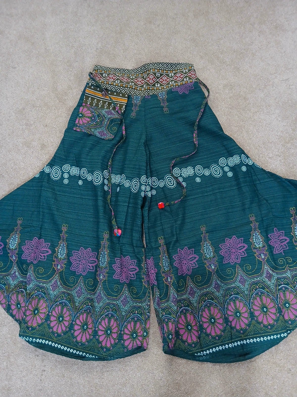 Dark Green Bohemian Flower Print Wide Leg Palazzo Harem Pants Hippie Trousers