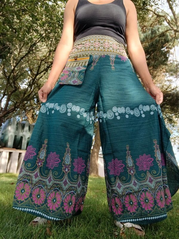 Dark Green Bohemian Flower Print Wide Leg Palazzo Harem Pants Hippie Trousers