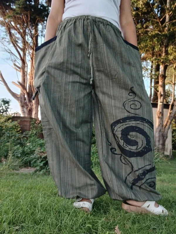 Green Black Harem Pants Wide Leg Baggy Yoga Hippie Summer Light Travel Trousers