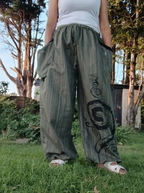 Green Black Harem Pants Wide Leg Baggy Yoga Hippie Summer Light Travel Trousers
