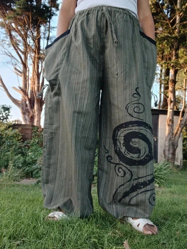 Green Black Harem Pants Wide Leg Baggy Yoga Hippie Summer Light Travel Trousers