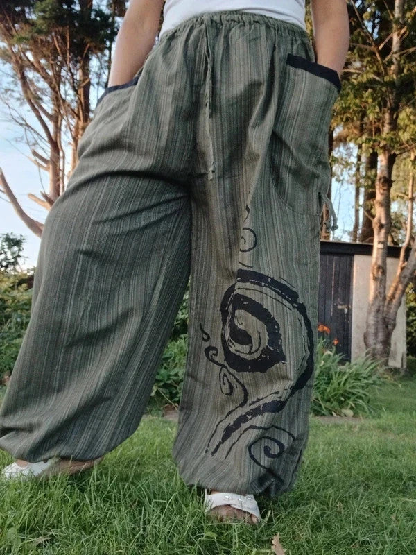 Green Black Harem Pants Wide Leg Baggy Yoga Hippie Summer Light Travel Trousers