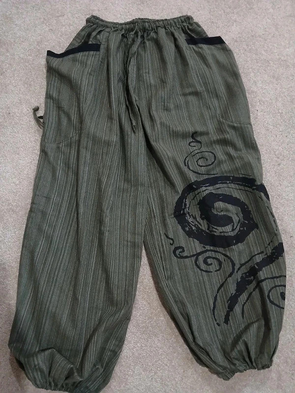 Green Black Harem Pants Wide Leg Baggy Yoga Hippie Summer Light Travel Trousers