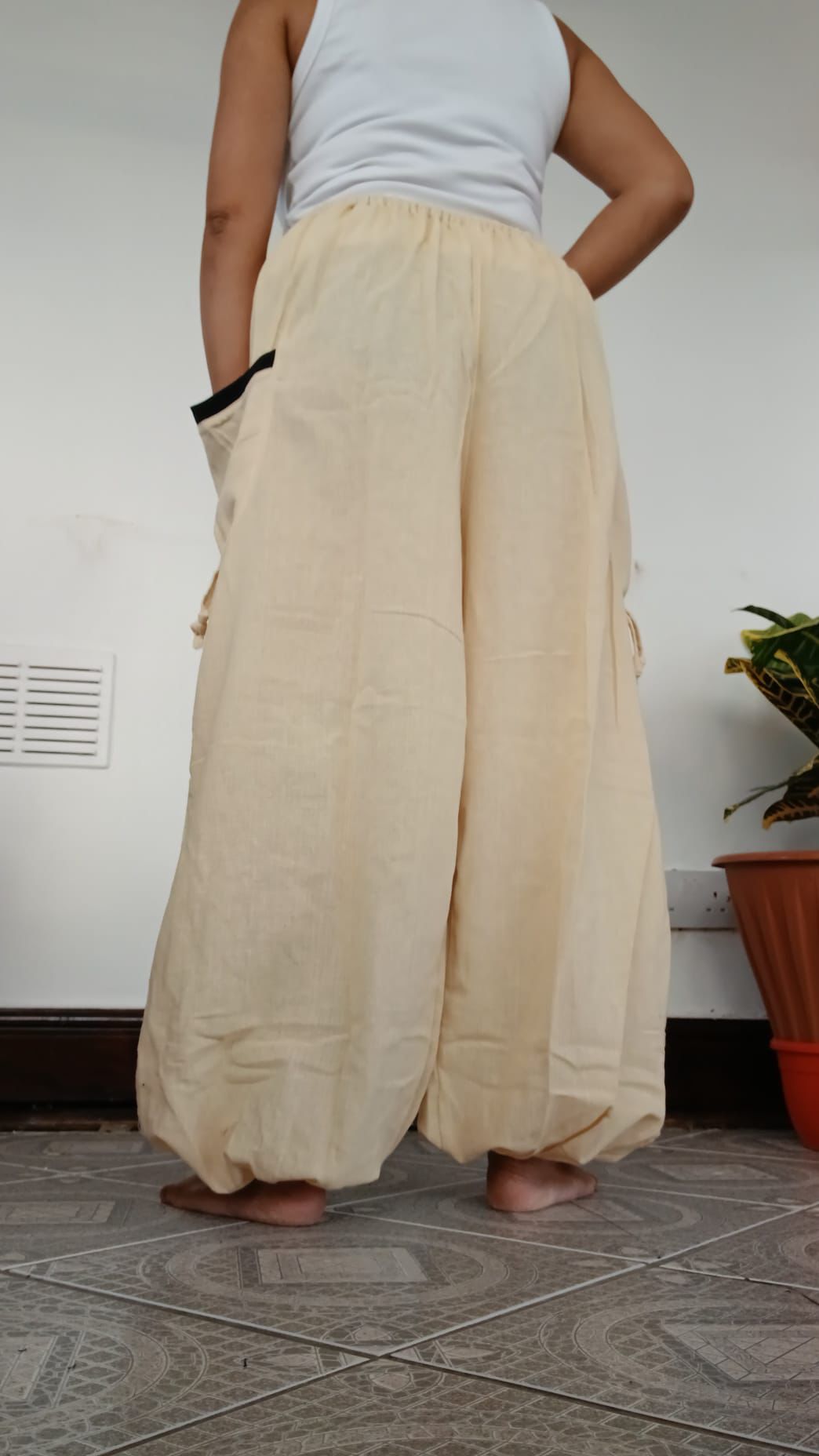 Cream Black Harem Pants Genie Baggy Wide Fit Hippie Summer Trousers Fit S M L XL