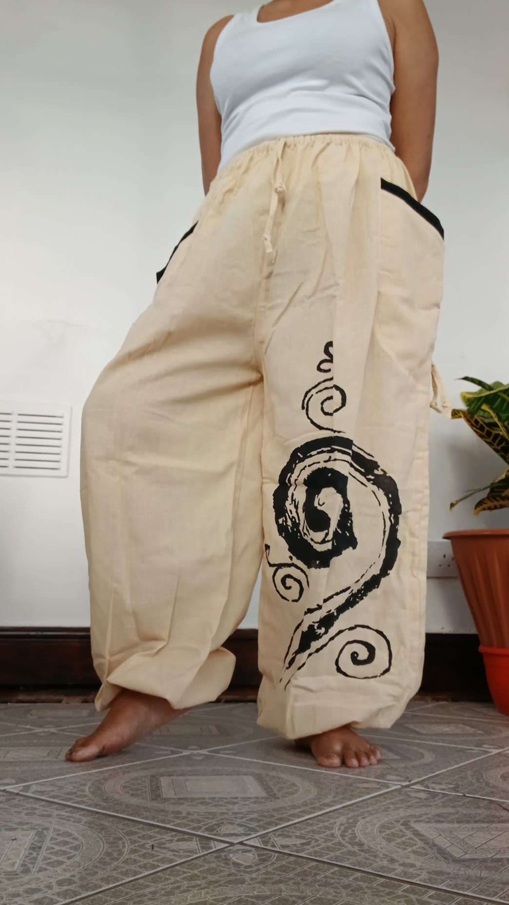 Cream Black Harem Pants Genie Baggy Wide Fit Hippie Summer Trousers Fit S M L XL