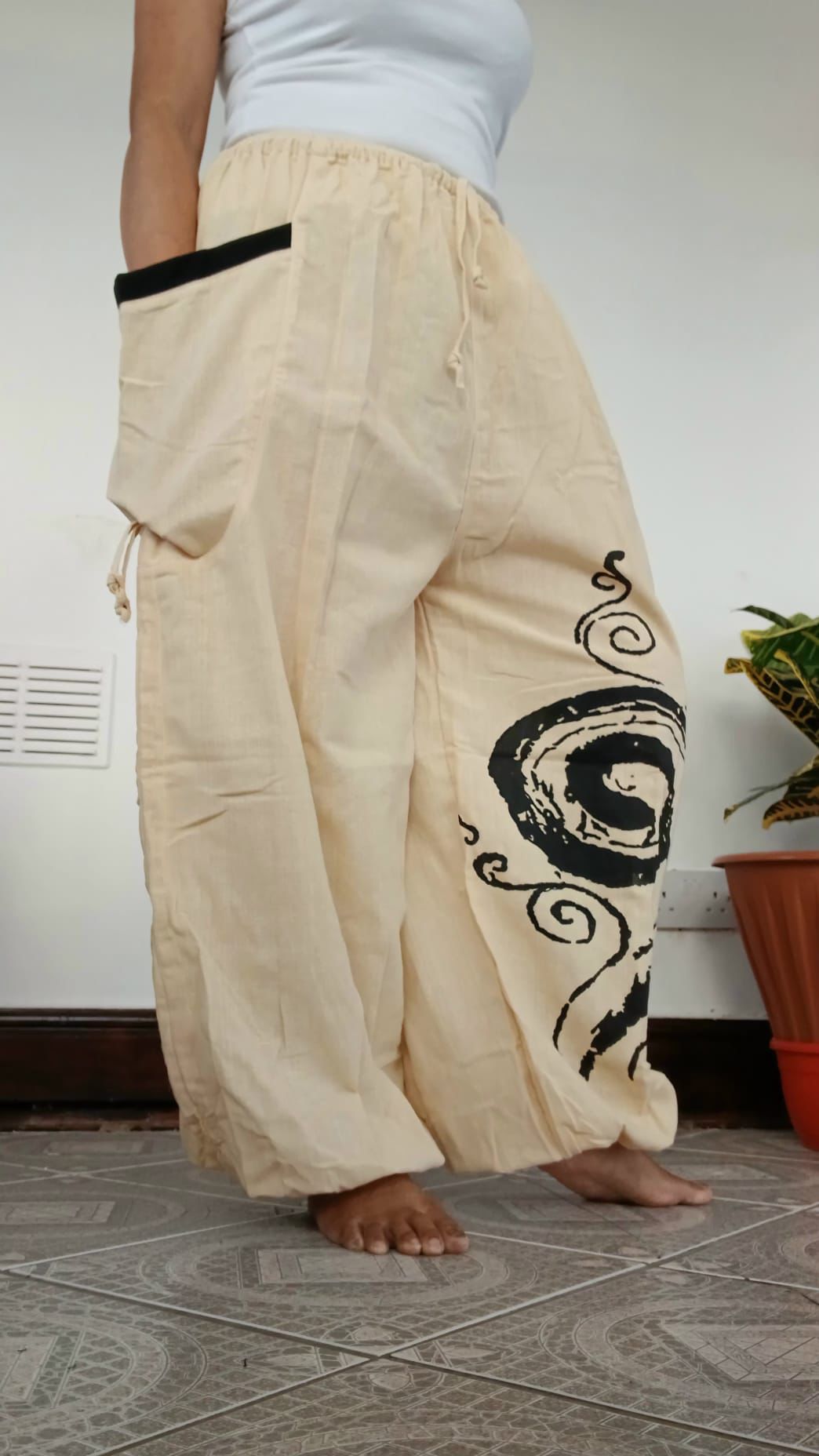 Cream Black Harem Pants Genie Baggy Wide Fit Hippie Summer Trousers Fit S M L XL