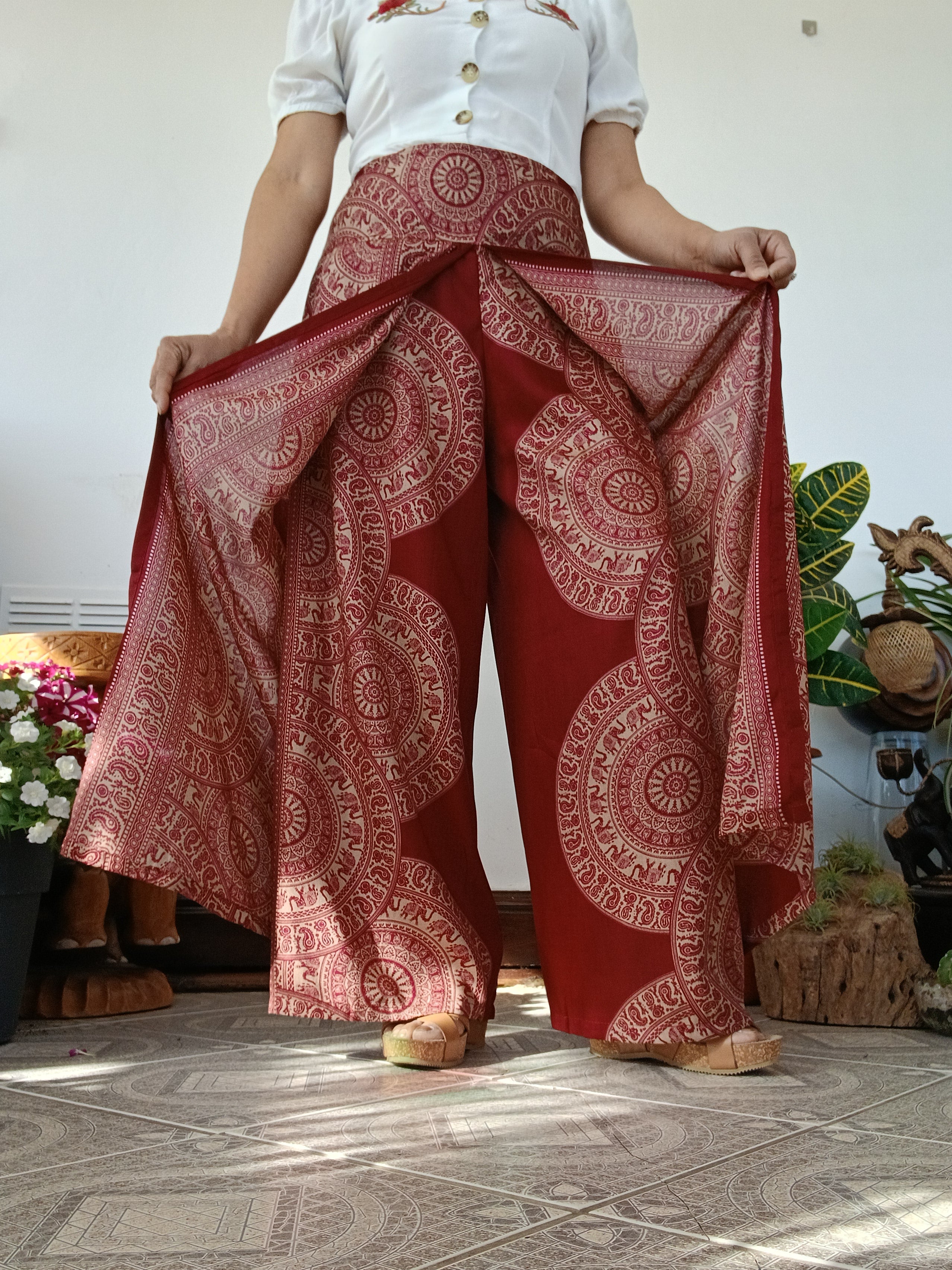Red burgundy bohemian elegant flowy harem pants beautiful festival holiday trousers one size fit 8-10-12