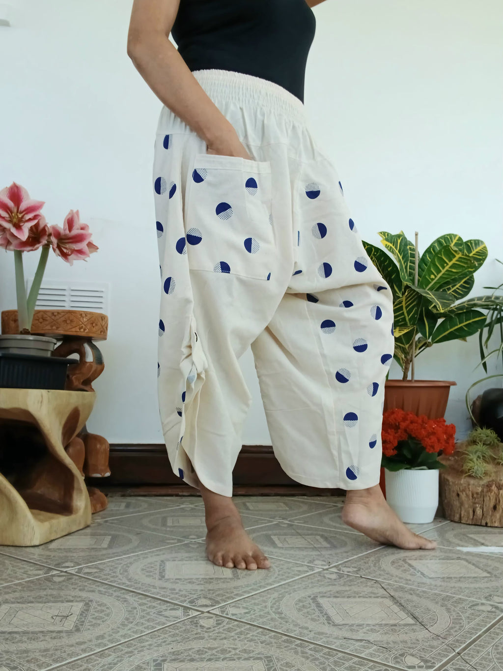 White Cream Polka Dot Ninja Samurai Style Harem Pants wide leg relaxed fit Boho trousers one size