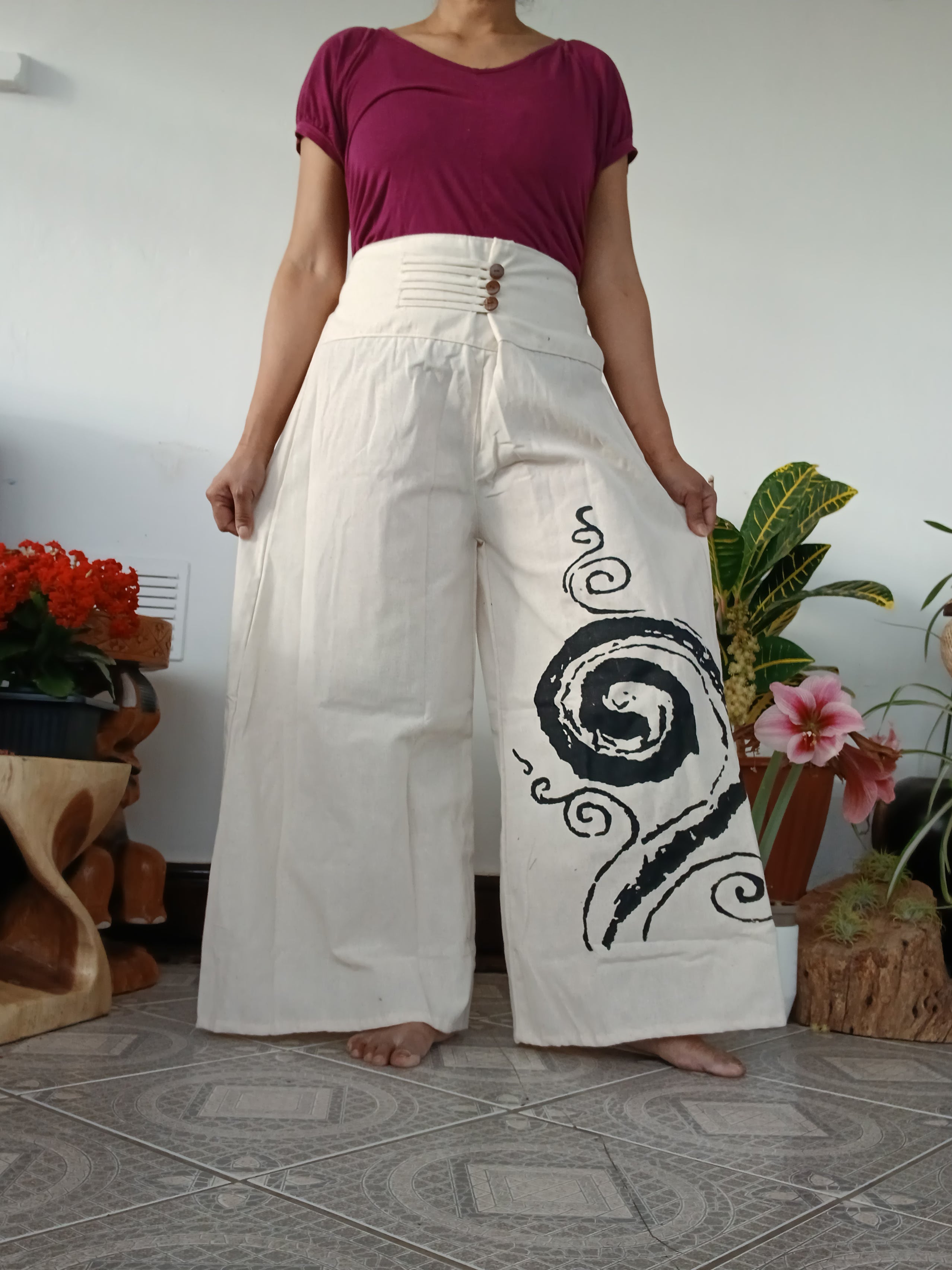 Cotton Cream with spiral print Boho wide-leg elegant culottes palazzo pants One size fits 8-10-12