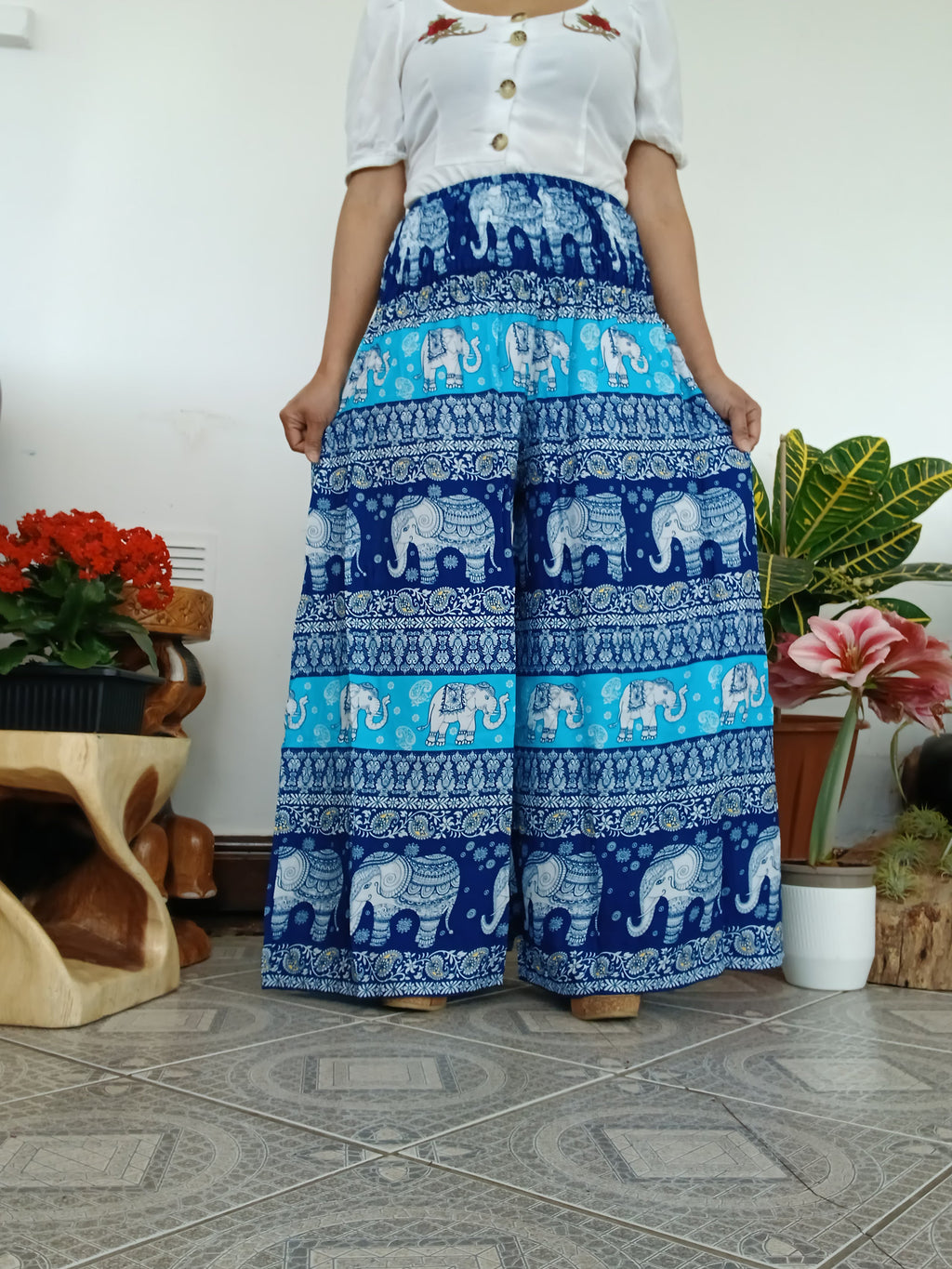 Blue navy elephant boho harem pants wide leg palazzo flowy high-waisted fit trousers