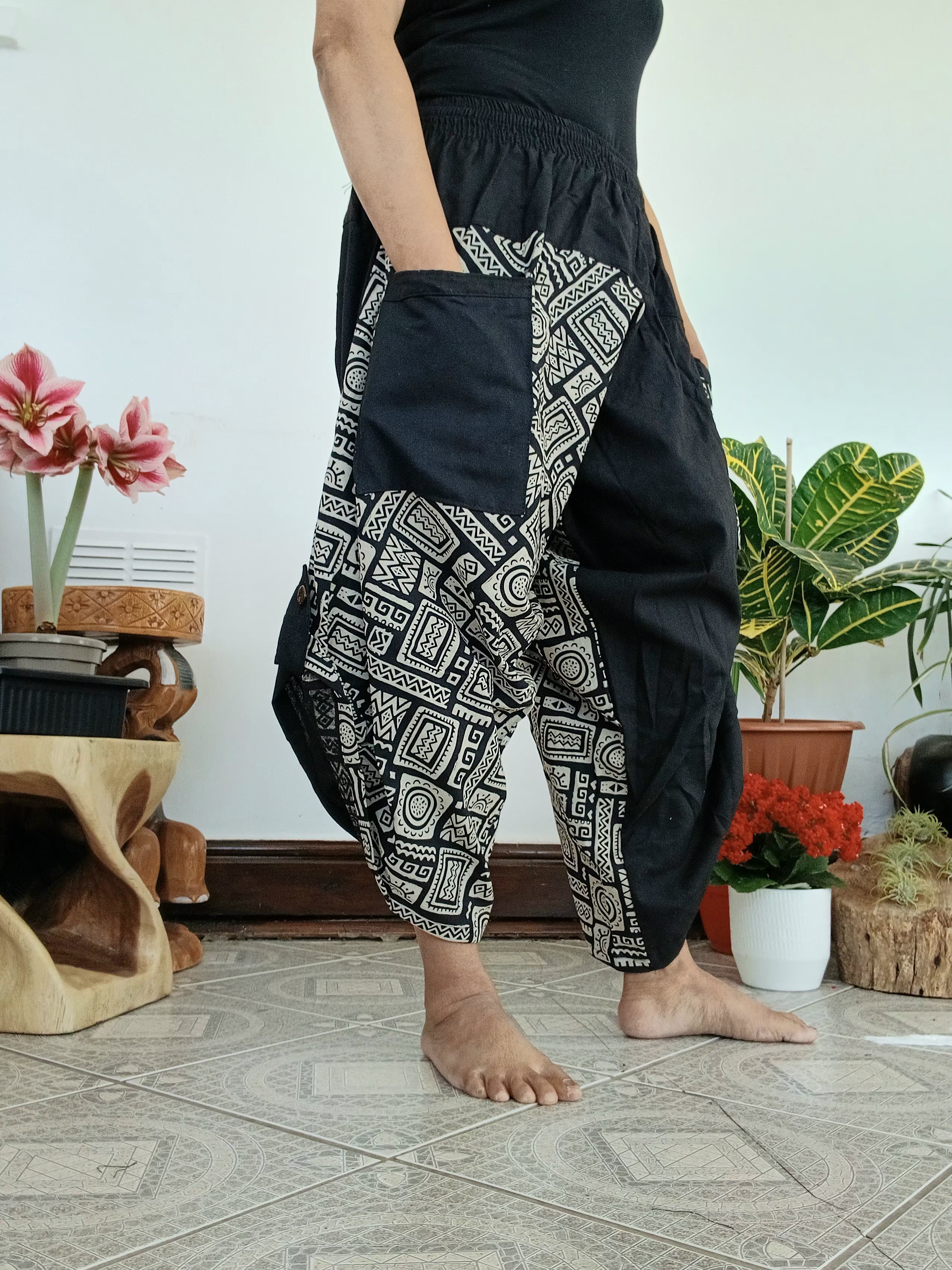 Black Grey cotton Ninja Samurai Style harem pants hippie Boho Cropped trousers
