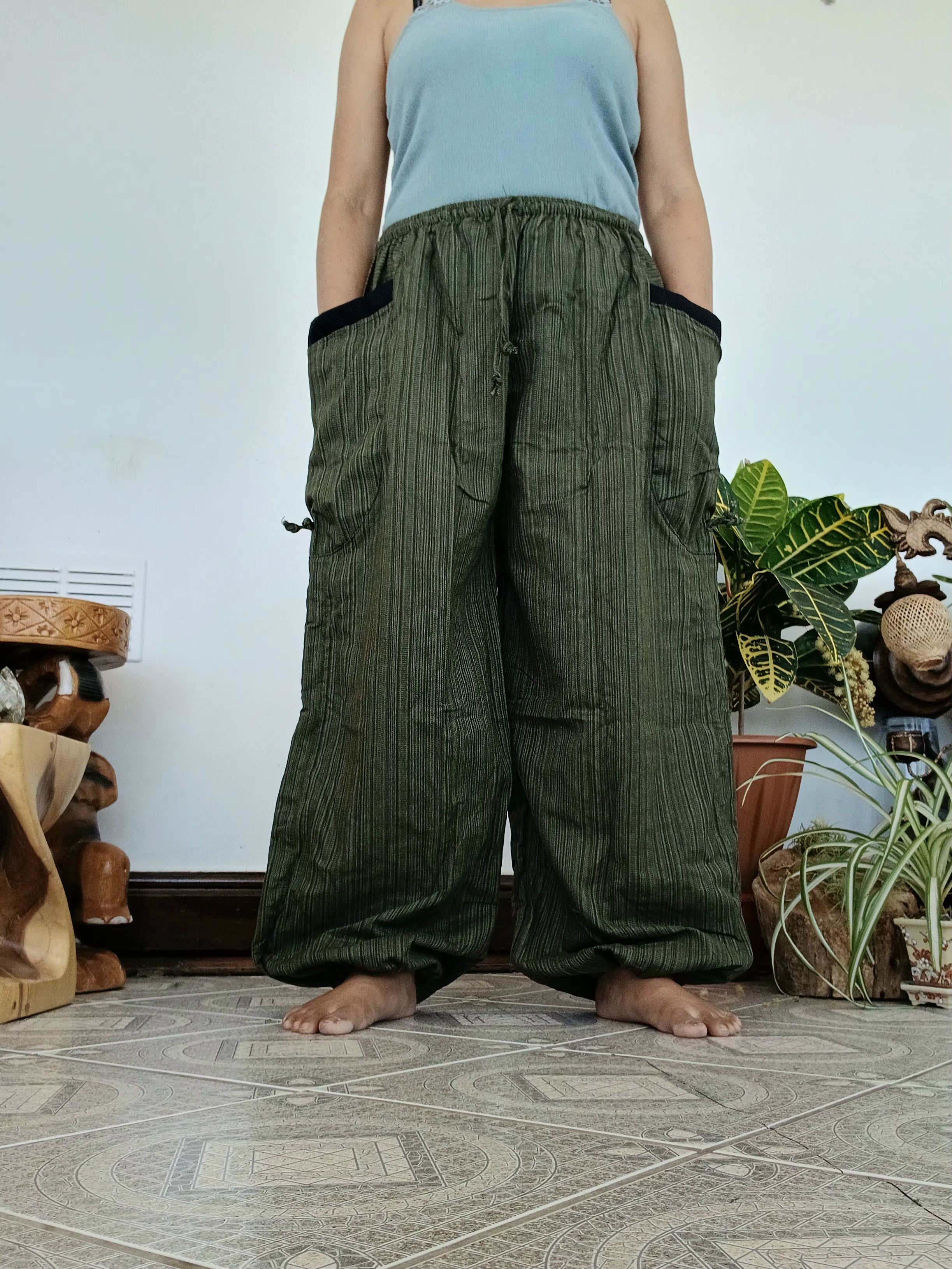 Cotton olive green baggy hippie loose-fit trousers Boho harem pants One size fit 8-10-12