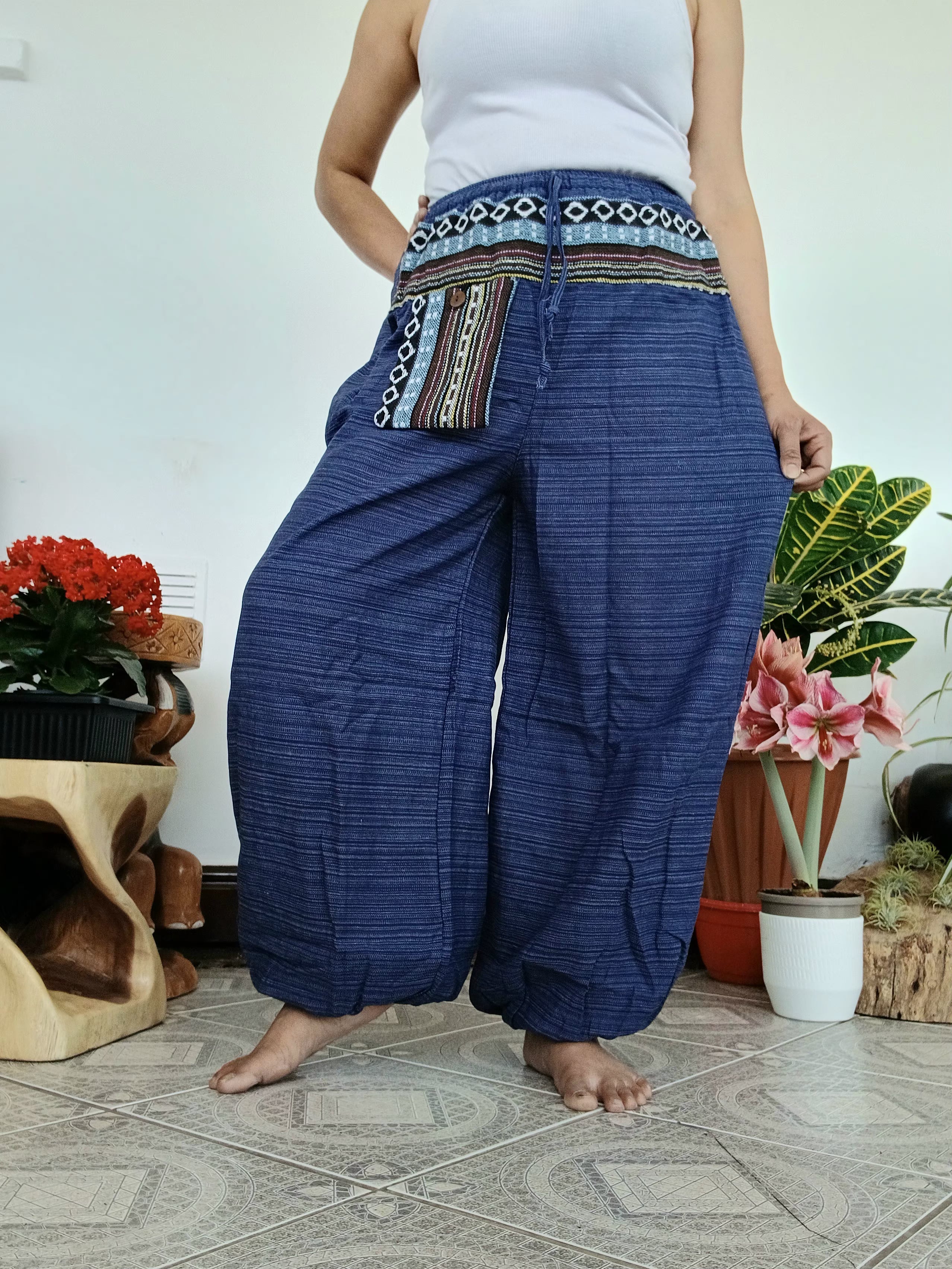 Cotton blue navy hippie Boho Harem Pants with Ethnic Pocket – Relaxed Fit trousers joggers one size fit 8-10-12