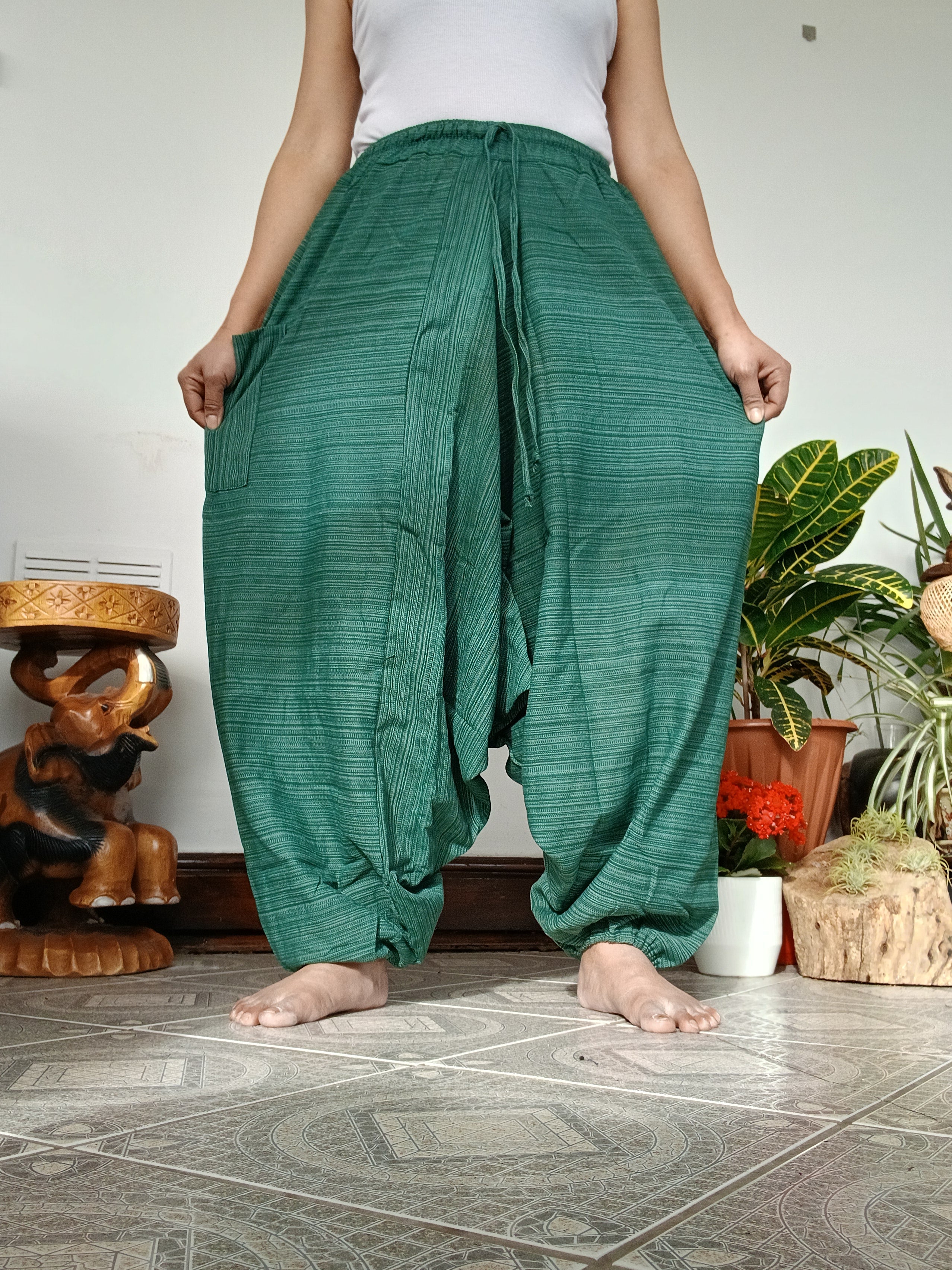 Cotton Green wide leg harem pants Aladdin Genie hippie yoga meditation Boho trousers for unisex