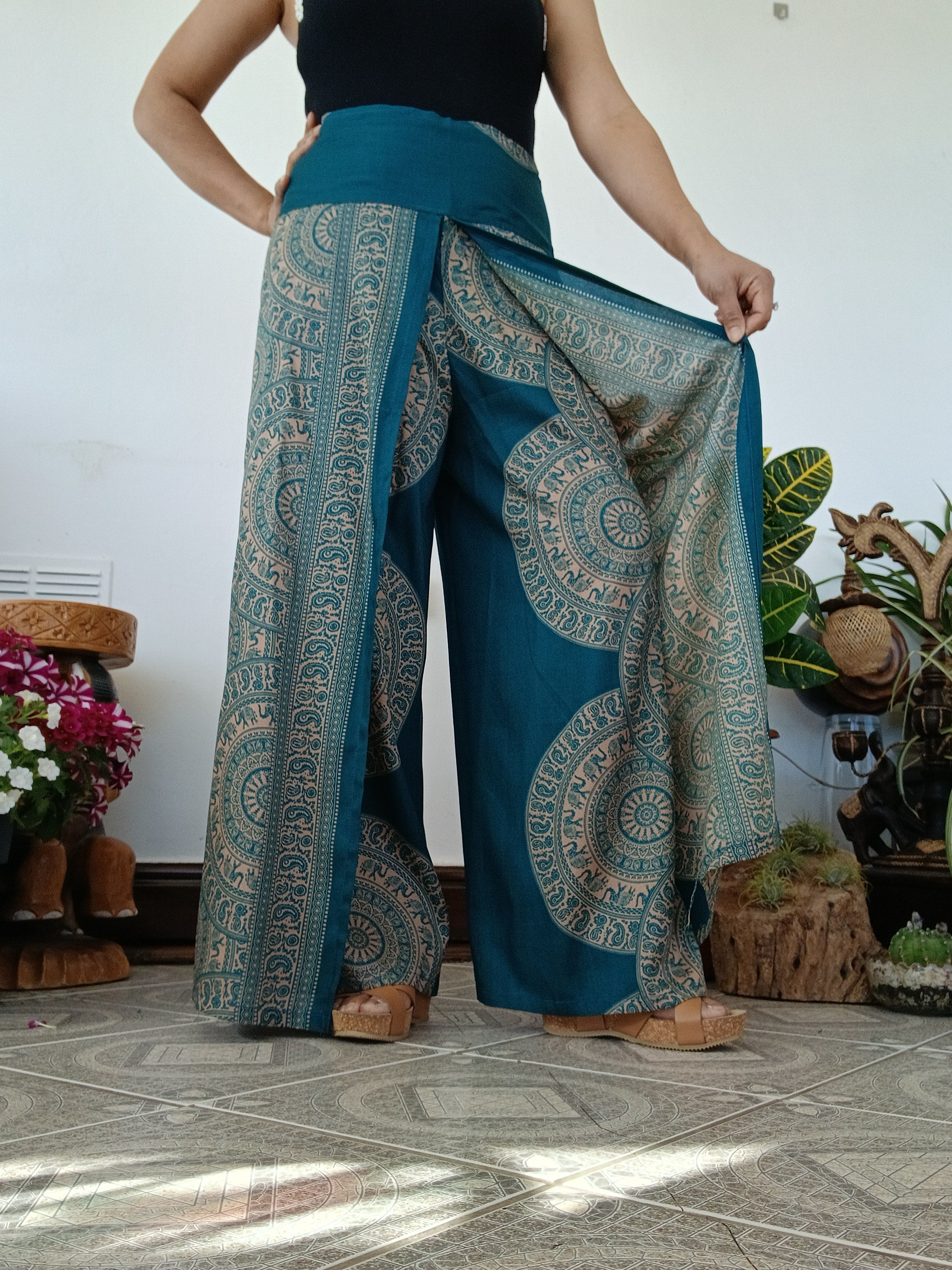 Darkgreen Boho High-Waisted harem pants wrap-around style summer festival trousers one size fit 8-10-12