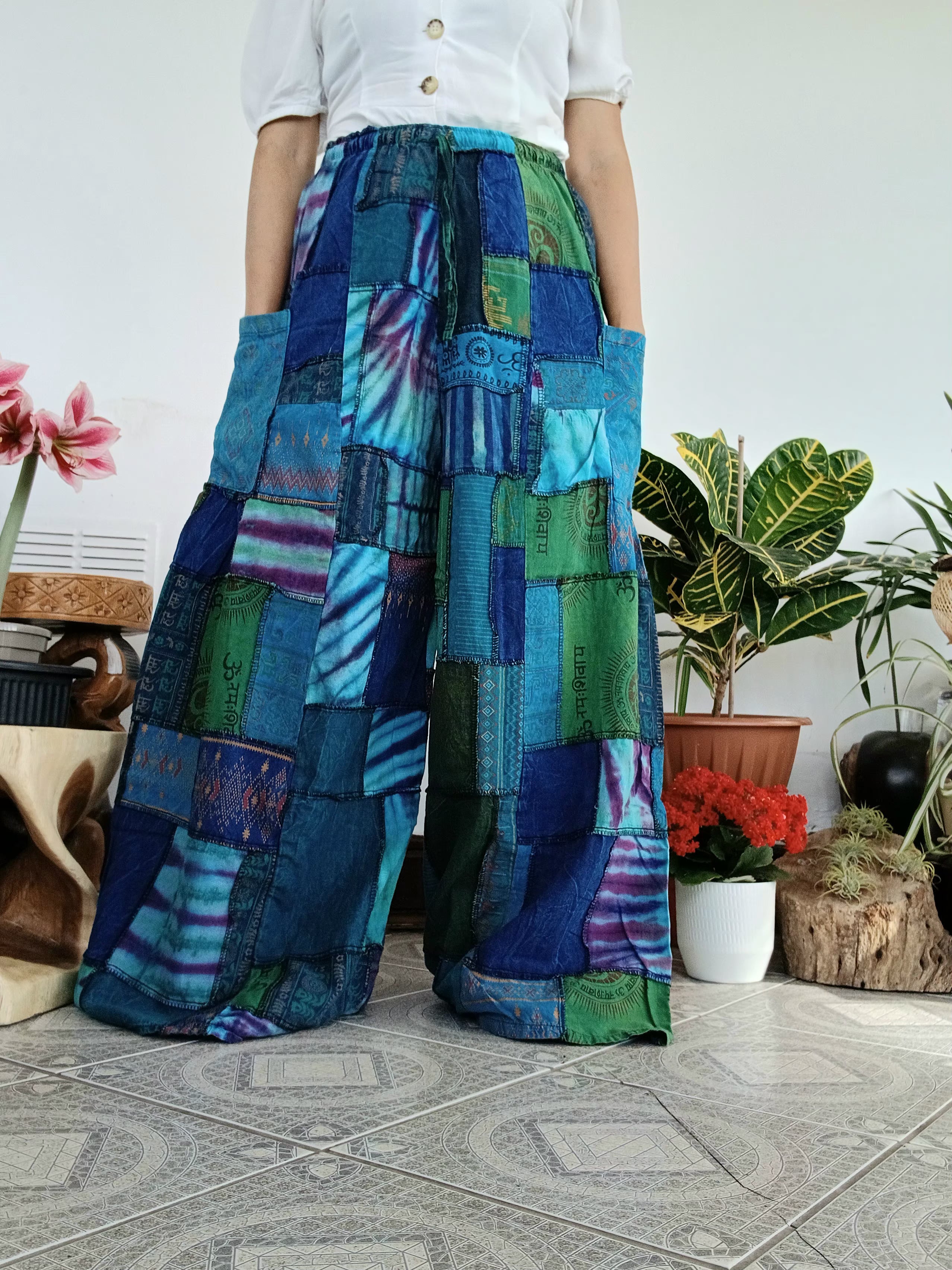 Blue Ocean tones patchwork Boho Wide-Leg hippie Harem Pants baggy Unique trousers for 8-12