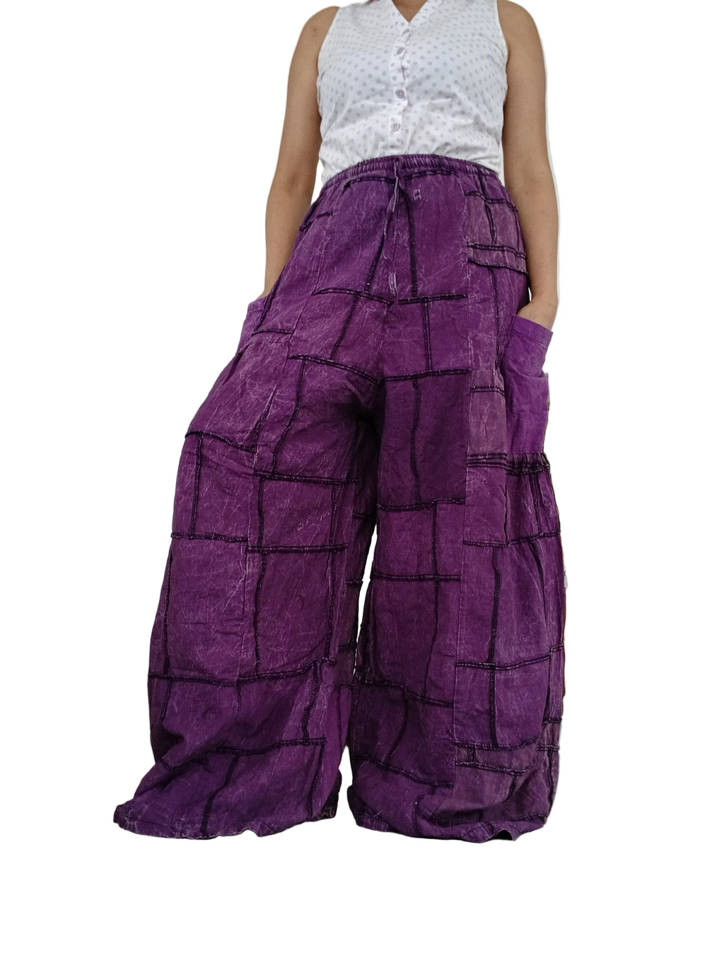 Cotton purple patchwork wide leg palazzo flowy trousers baggy hippie Boho pants One size fits 8-10-12