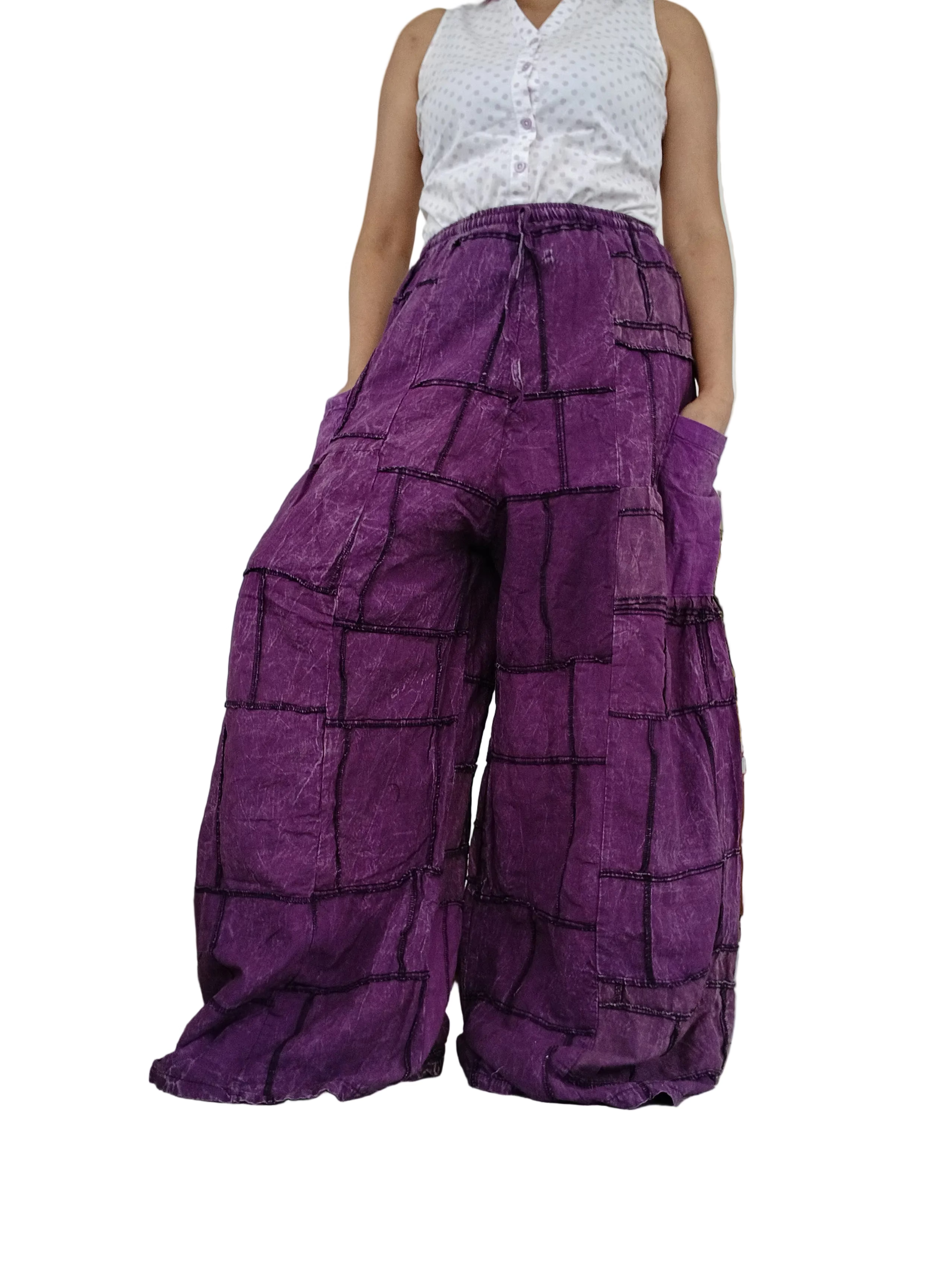 Cotton purple patchwork wide leg palazzo flowy trousers baggy hippie Boho pants One size fits 8-10-12