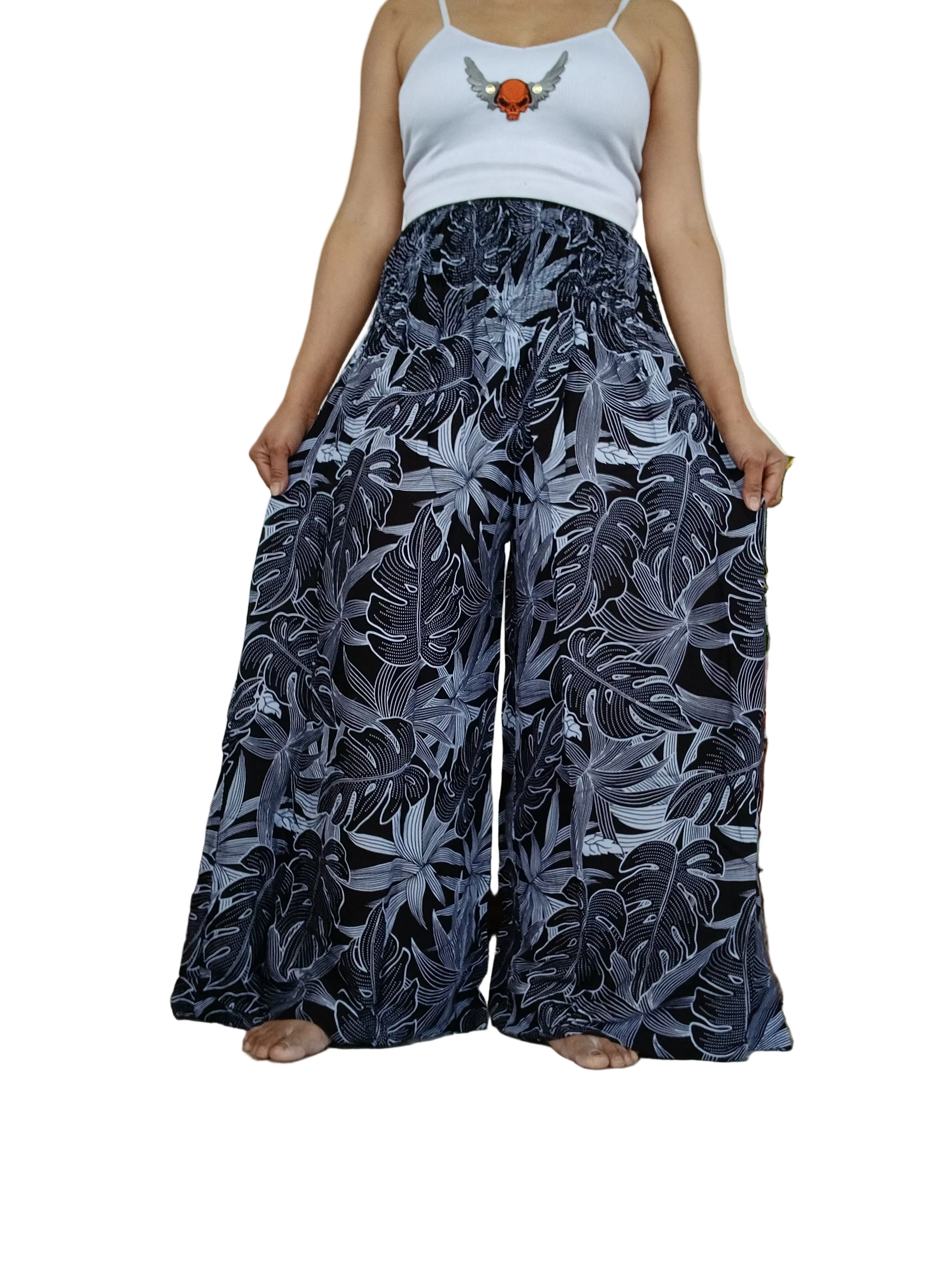 Black Tropical Leaf Wide-Leg Palazzo Harem Pants Boho high-waisted trousers one size