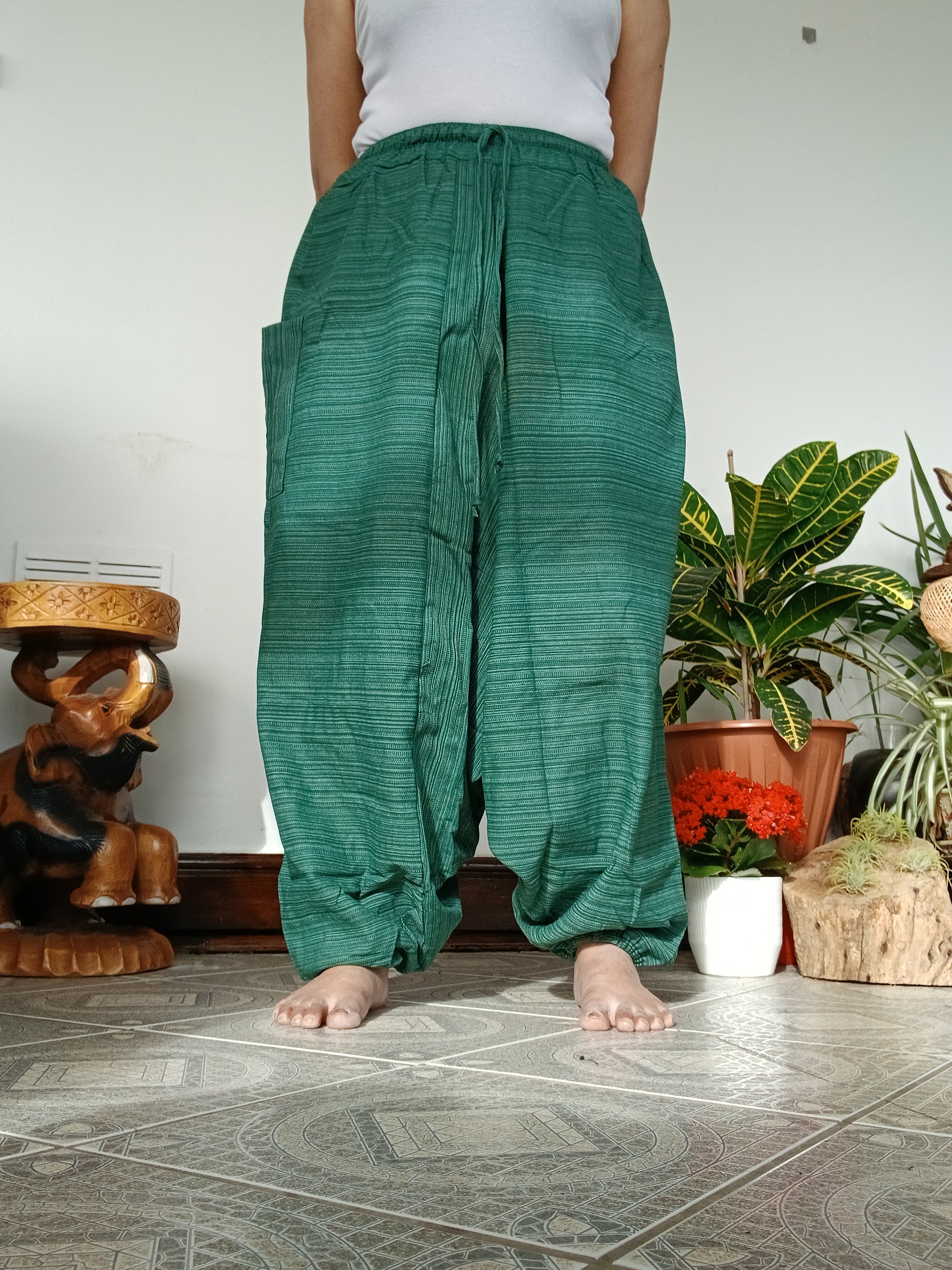 Cotton Green wide leg harem pants Aladdin Genie hippie yoga meditation Boho trousers for unisex