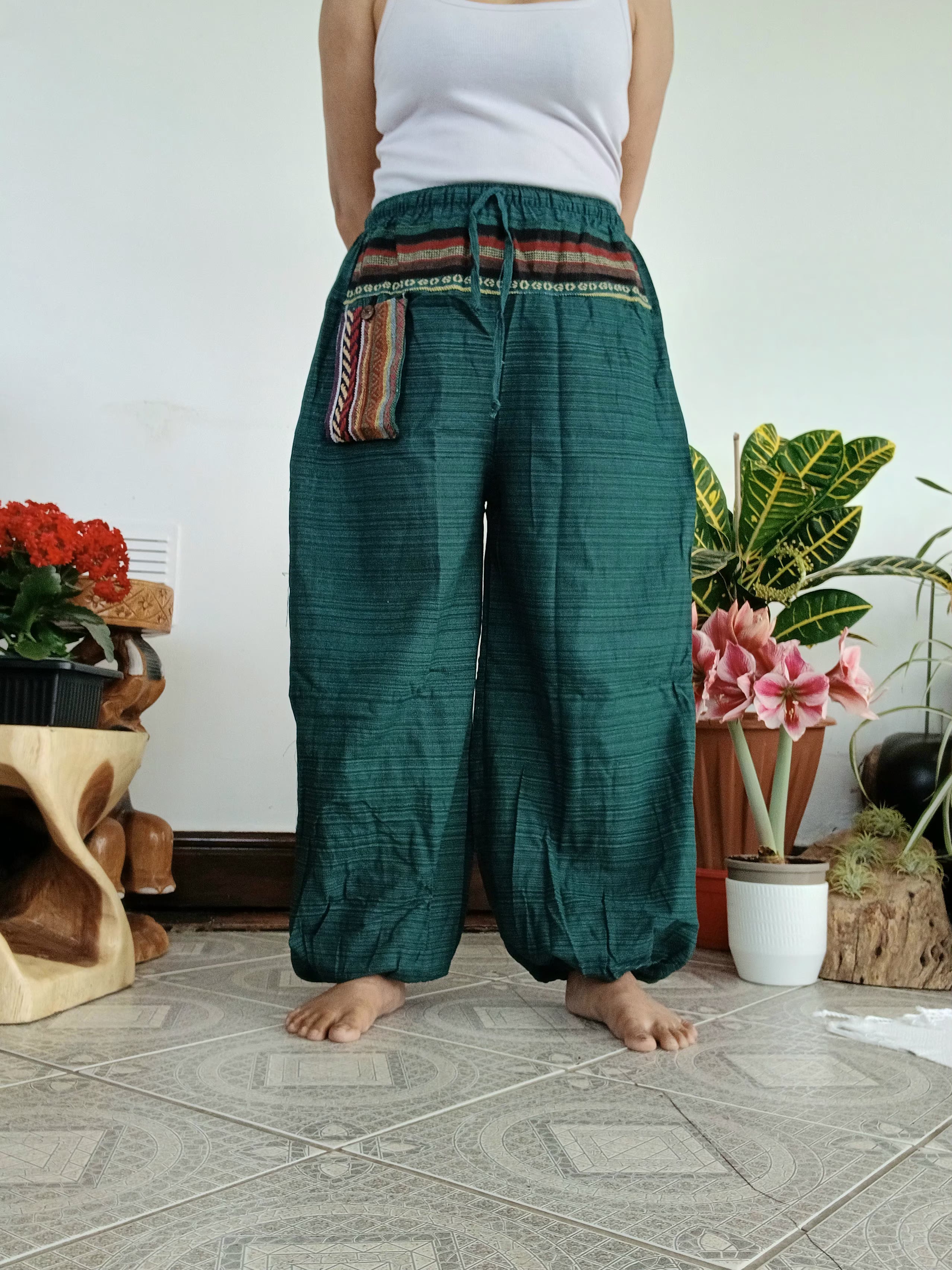 Darkgreen cotton Boho hippie Harem pants relaxed fit casual trousers one size fit 8-10-12 for unisex