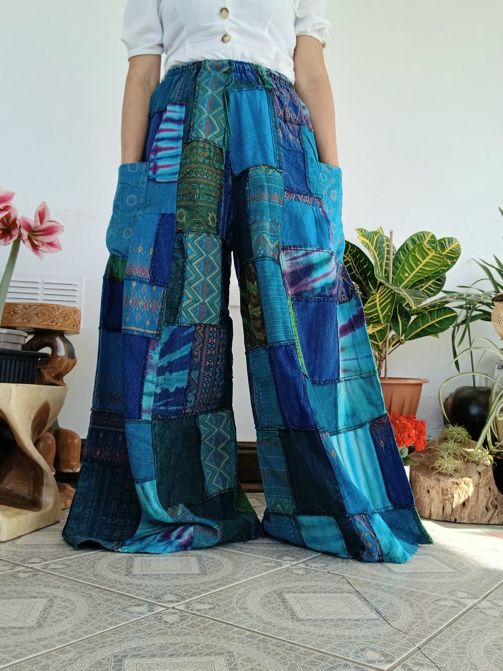 Blue Ocean tones patchwork Boho Wide-Leg hippie Harem Pants baggy Unique trousers for 8-12