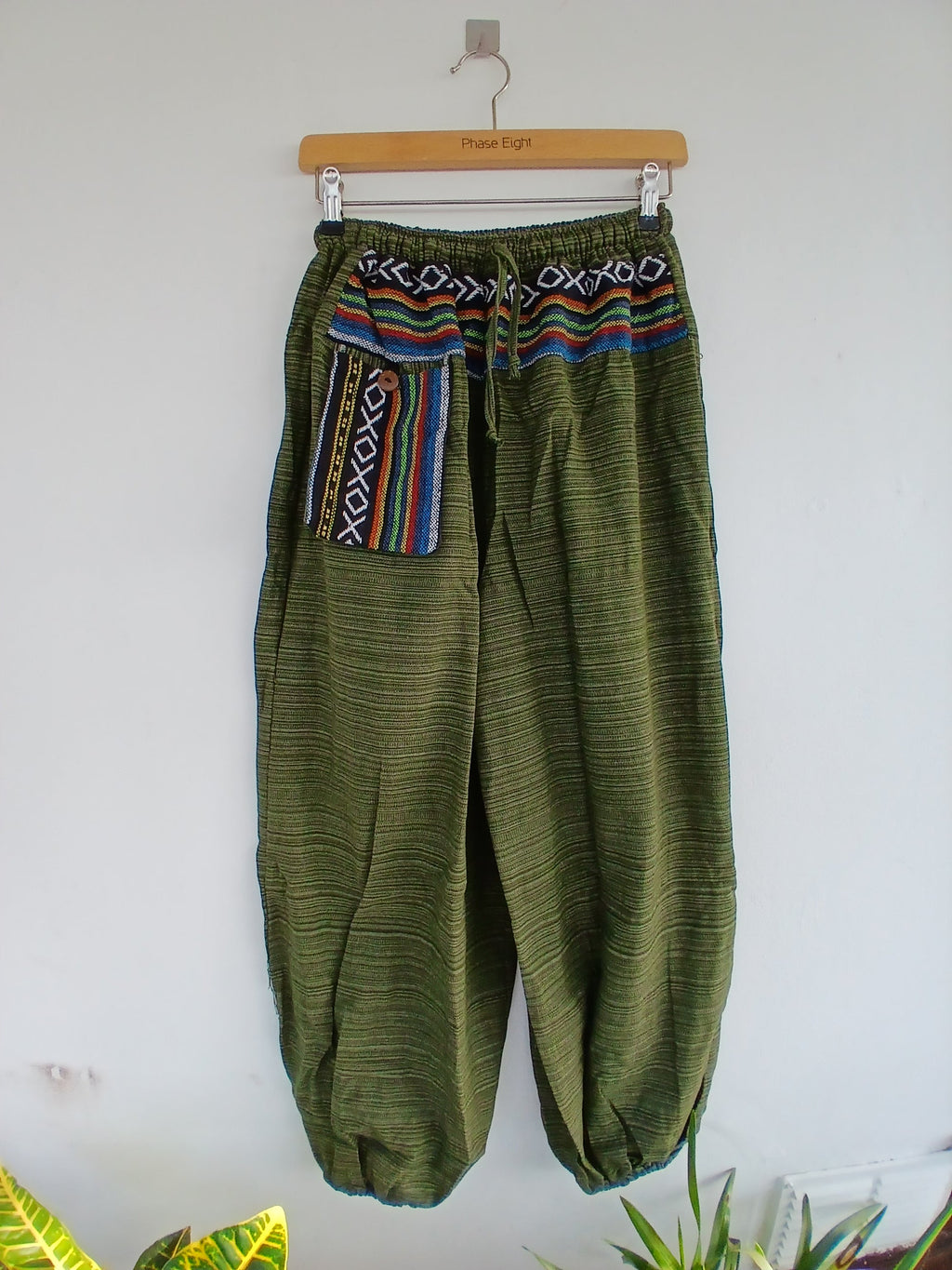 Boho Elasticated Harem Trousers Olive Green cotton woven