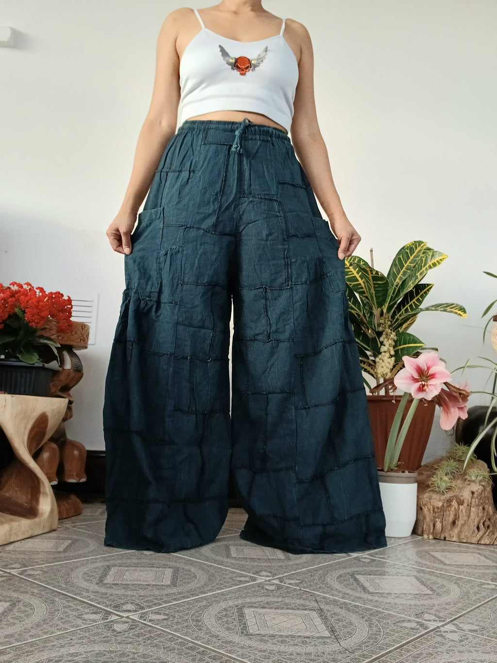 Cotton darkgreen turquoise patchwork Boho baggy harem pants wide leg palazzo flowy trousers for uk 8-10-12