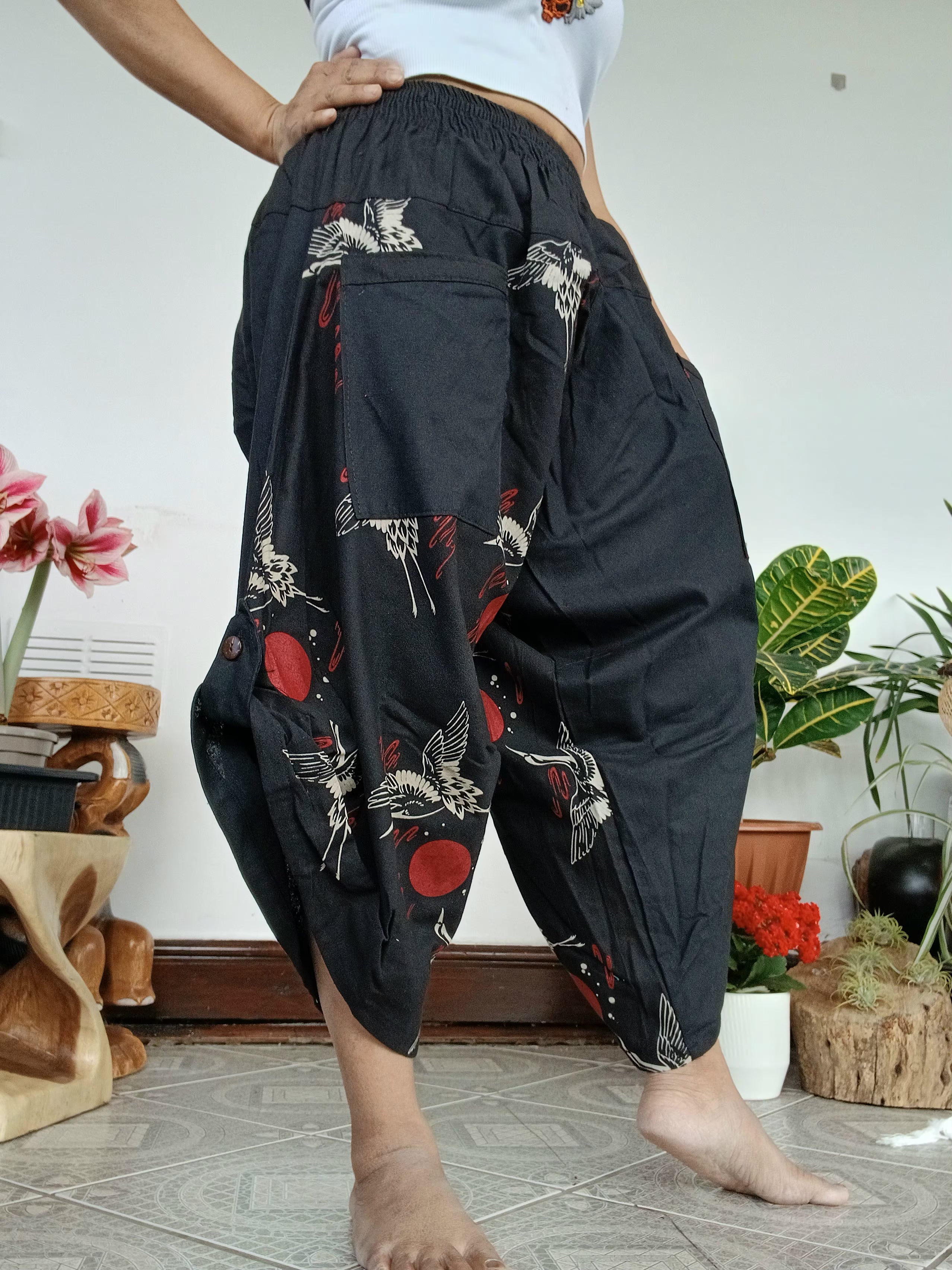 Black Crane Print Balloon boho hippie Trousers harem wide leg pants One size