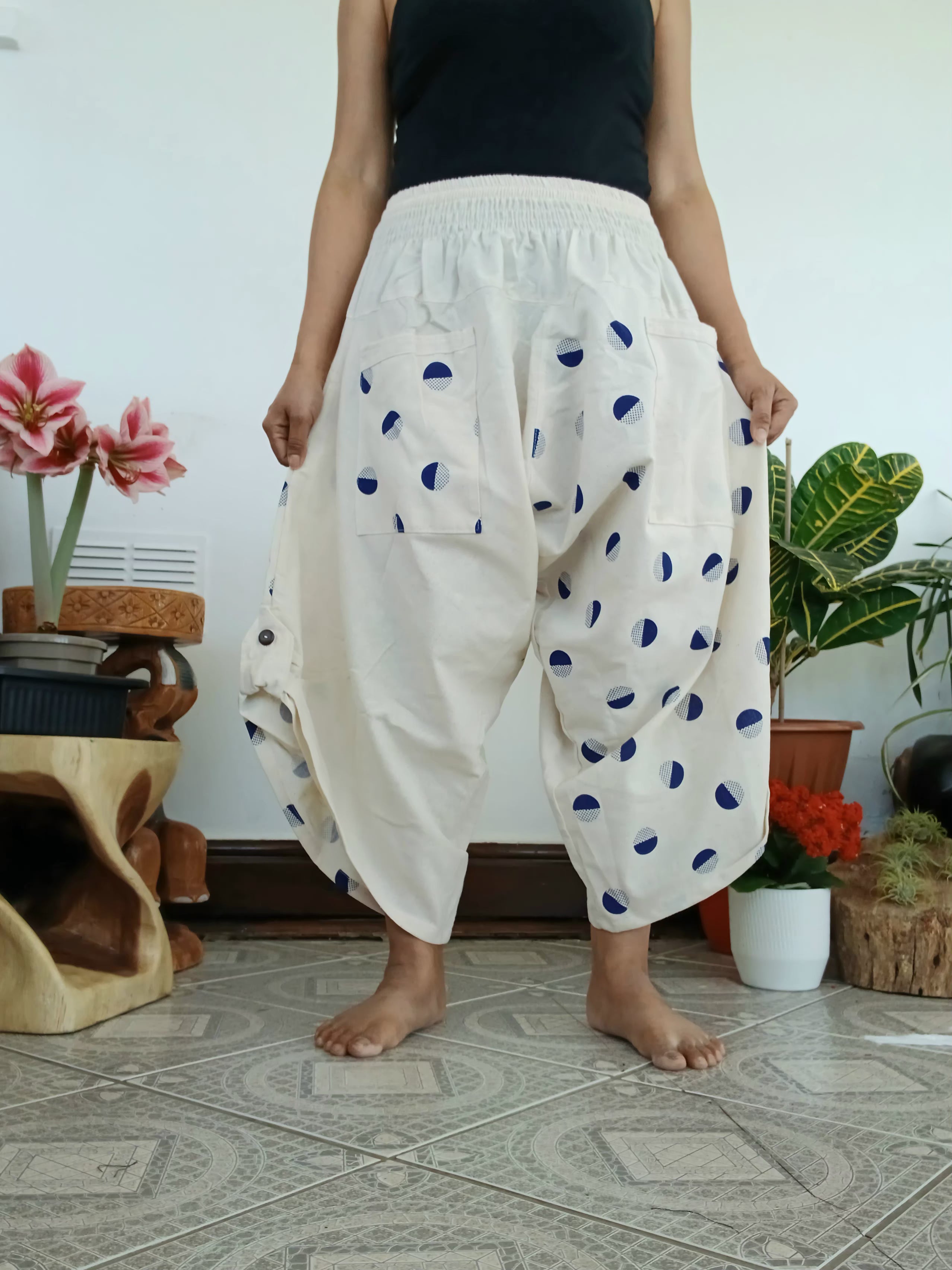 White Cream Polka Dot Ninja Samurai Style Harem Pants wide leg relaxed fit Boho trousers one size