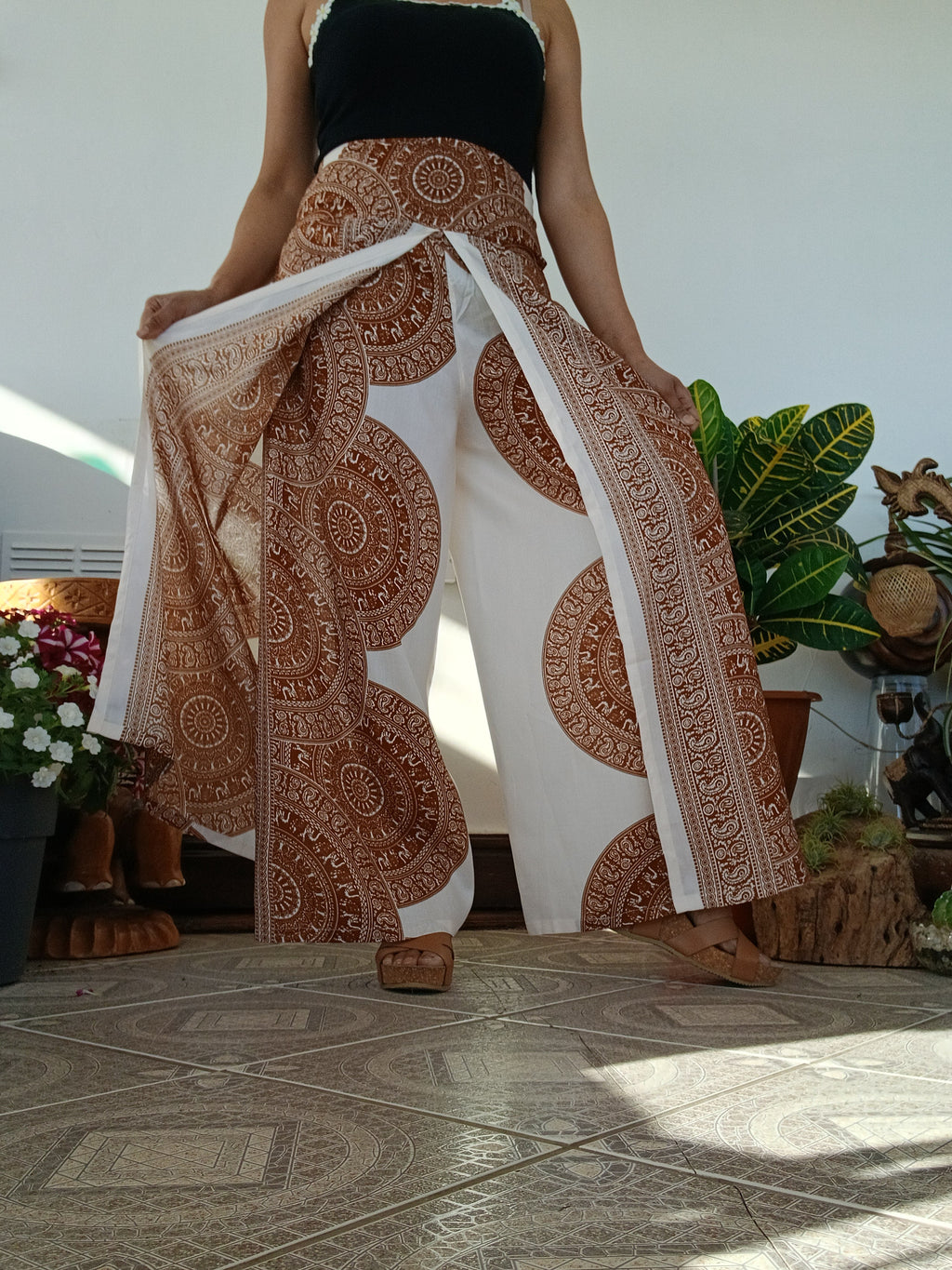 Cream brown bohemian wrap-around style summer festival trousers elegant flowy harem pants One size fits 8-10-12