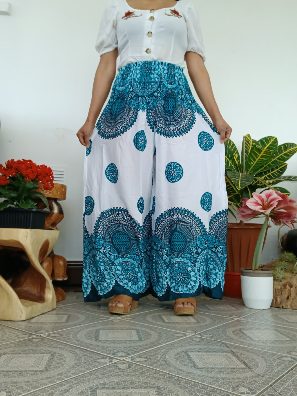White turquoise Flowy Boho Festival Pants – High Waisted & Comfy Fit