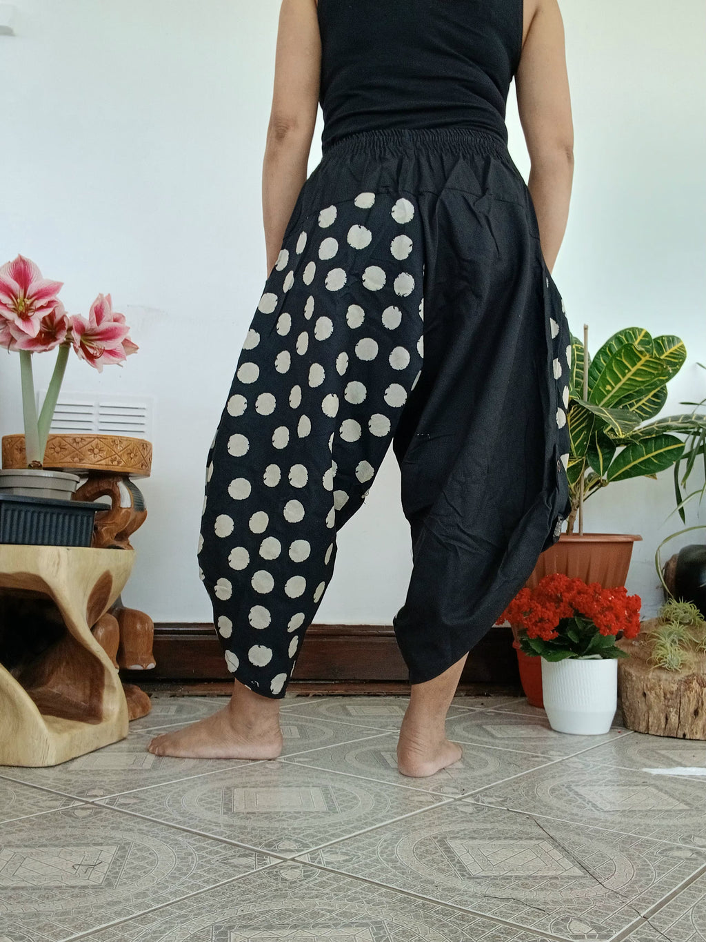 Cotton black with polka dot Ninja Samurai Style harem pants relaxed fit casual trousers one size fit 6-8-10
