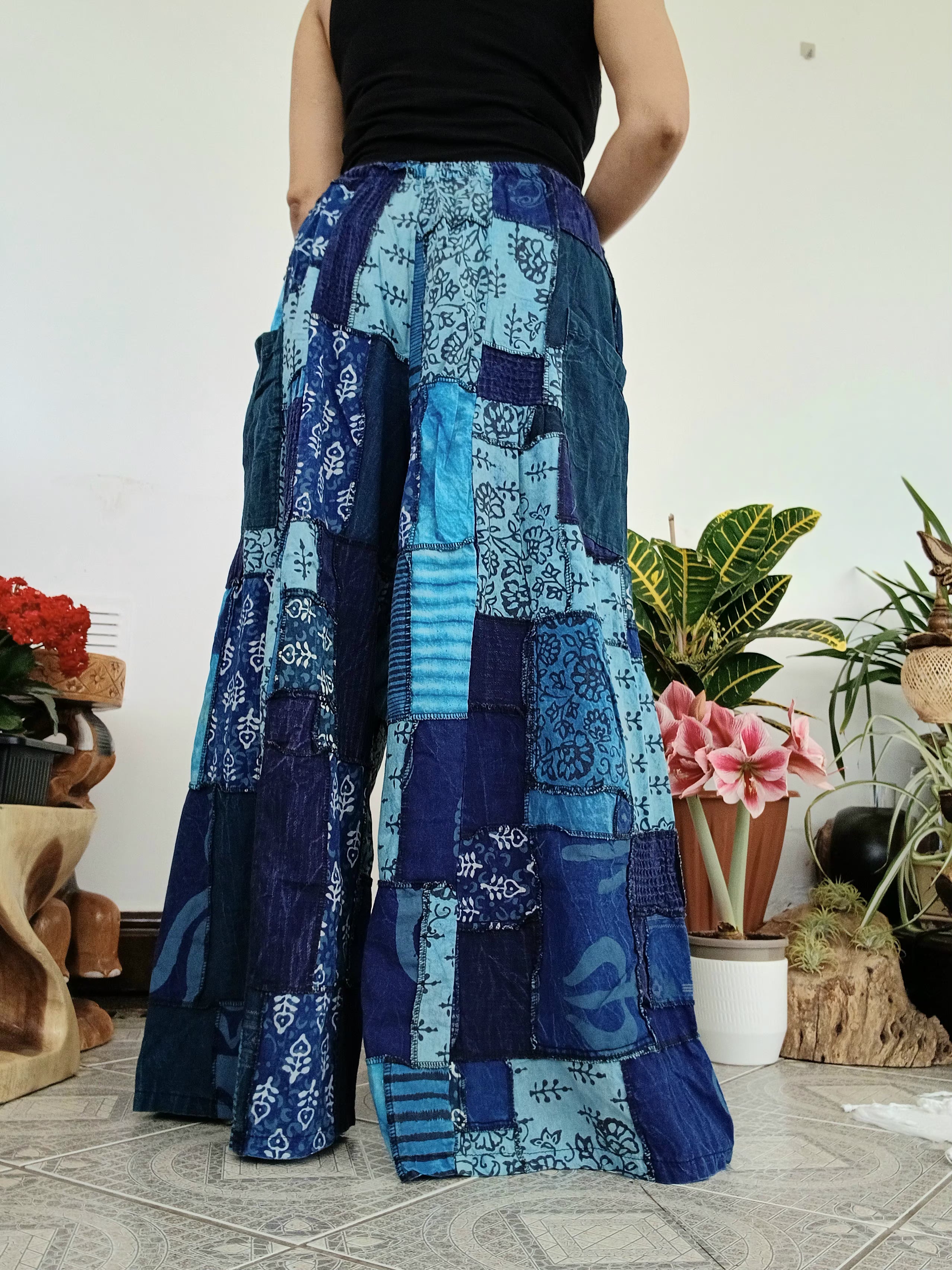 Blue patchwork wide leg Boho Palazzo Harem Pants baggy hippie trousers fit S M L