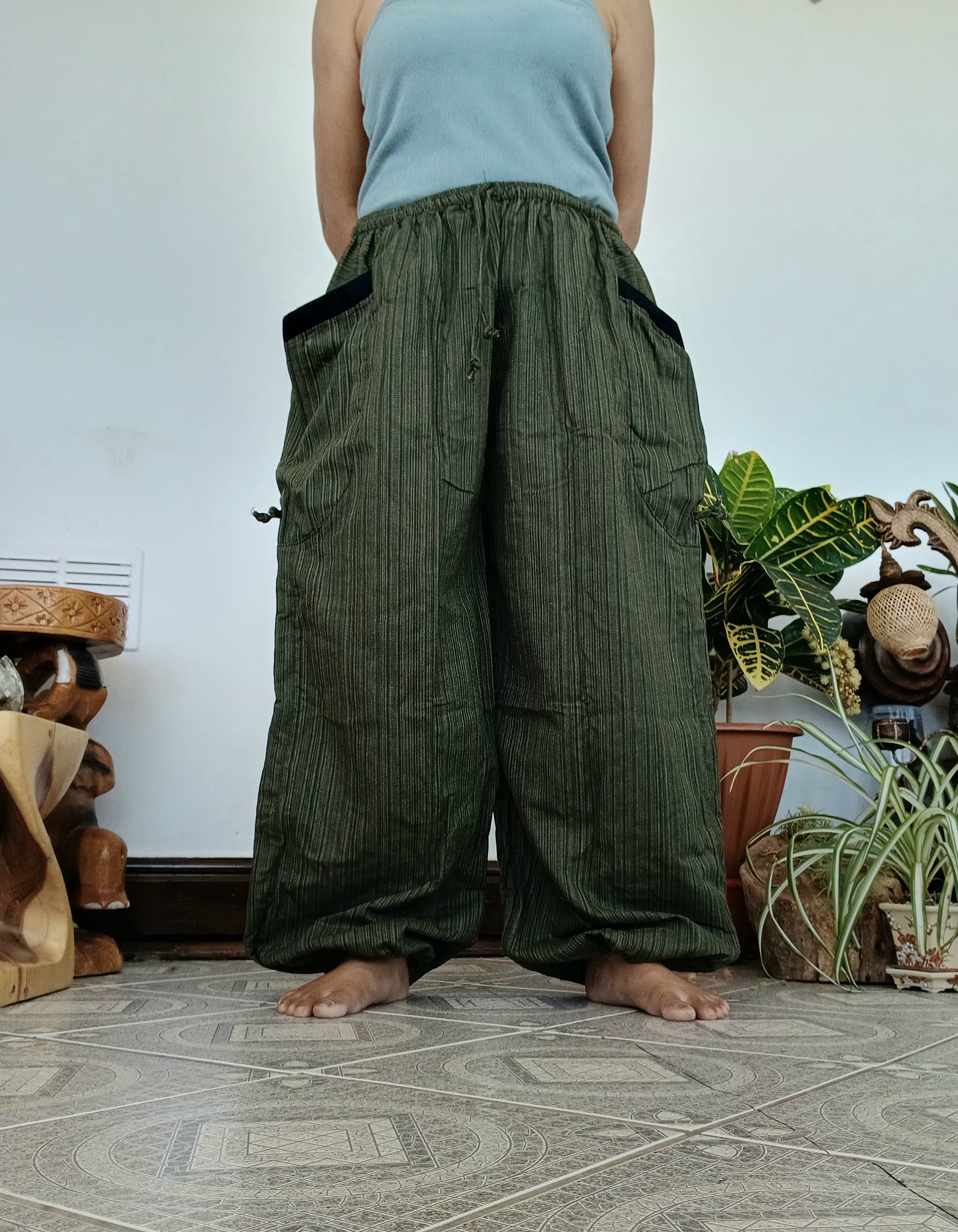 Cotton olive green baggy hippie loose-fit trousers Boho harem pants One size fit 8-10-12