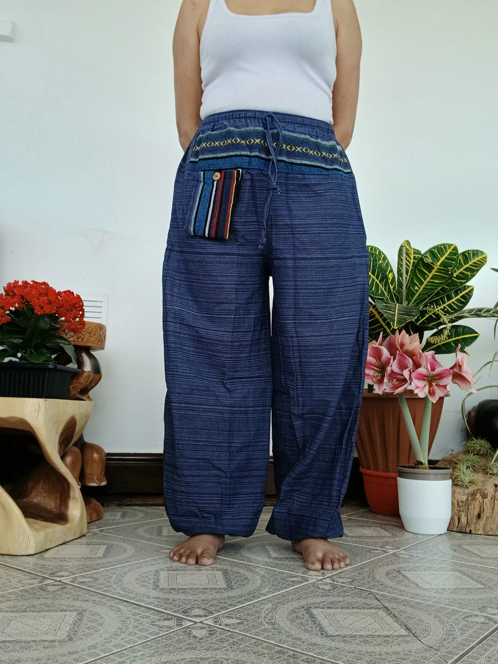 Cotton blue navy hippie Boho Harem Pants with Ethnic Pocket – Relaxed Fit trousers joggers one size fit 8-10-12
