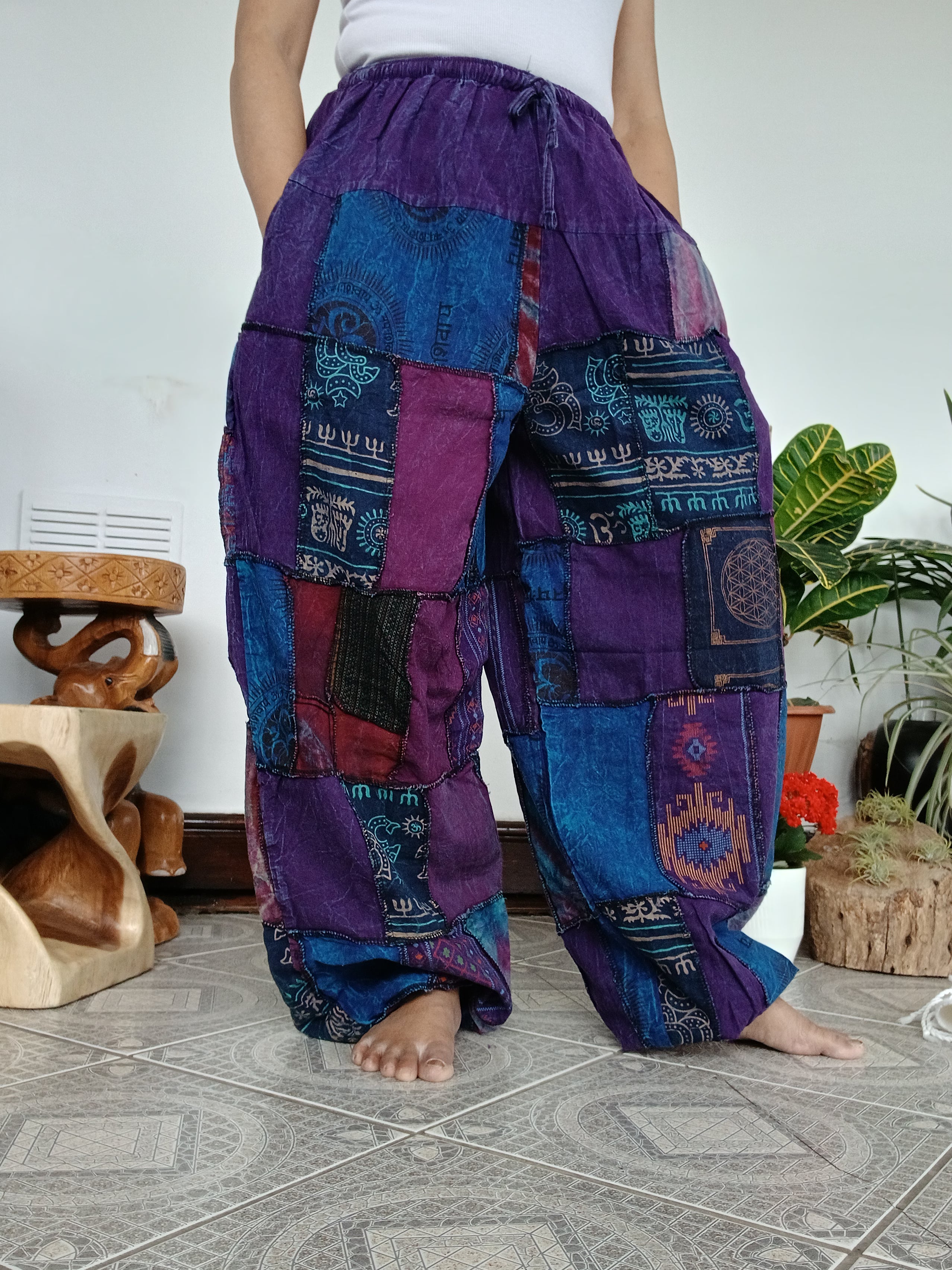 Stonewash patchwork purple tones Boho baggy loose-fit trousers joggers hippie Harem Pants unique one size