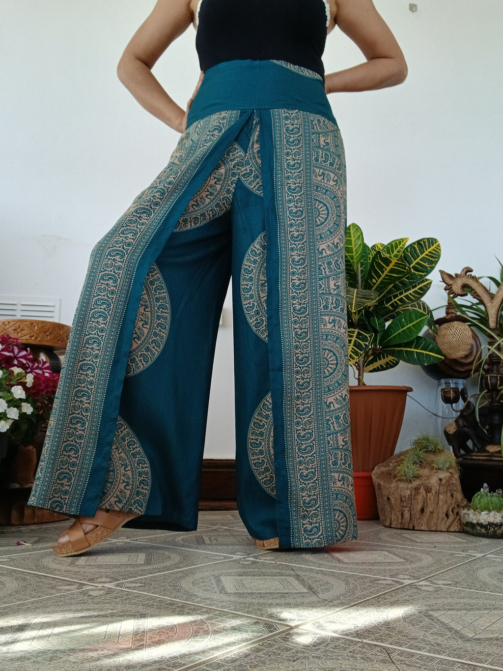 Darkgreen Boho High-Waisted harem pants wrap-around style summer festival trousers one size fit 8-10-12