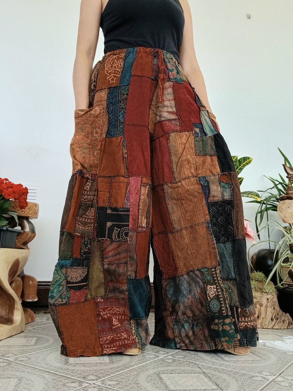 Brown tones patchwork Boho baggy harem pants wide leg palazzo flowy trousers one size fit 8-10-12