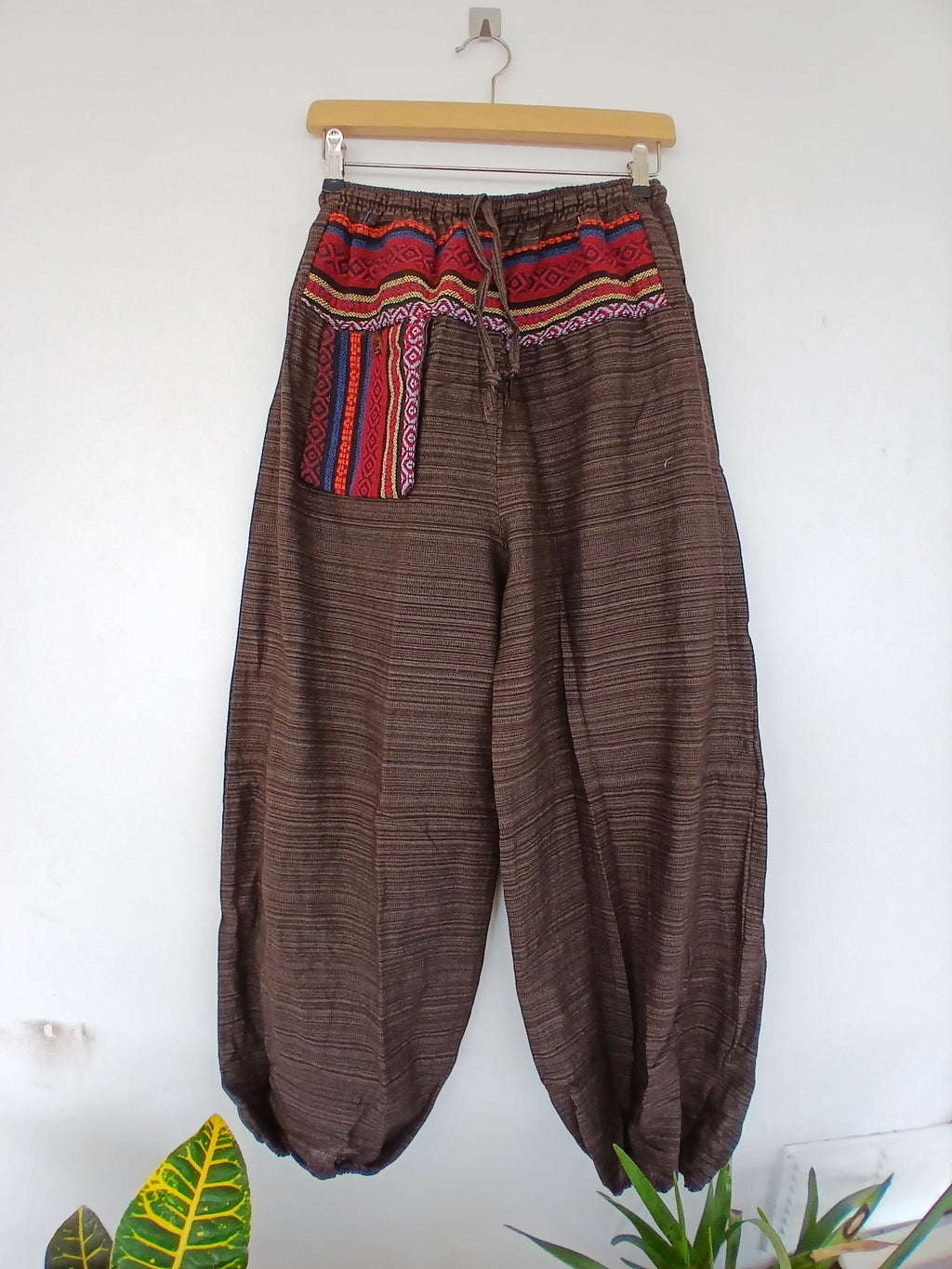 Unisex Brown cotton woven hippie Boho harem pants baggy relaxed fit trousers one size for S M L