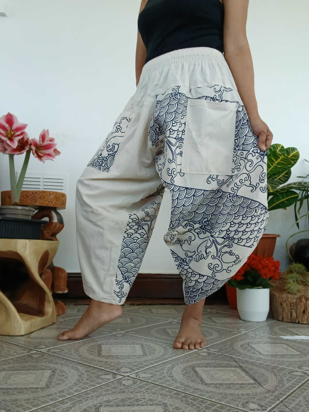 Cotton white cream harem boho pants Ninja Samurai Style trousers one size