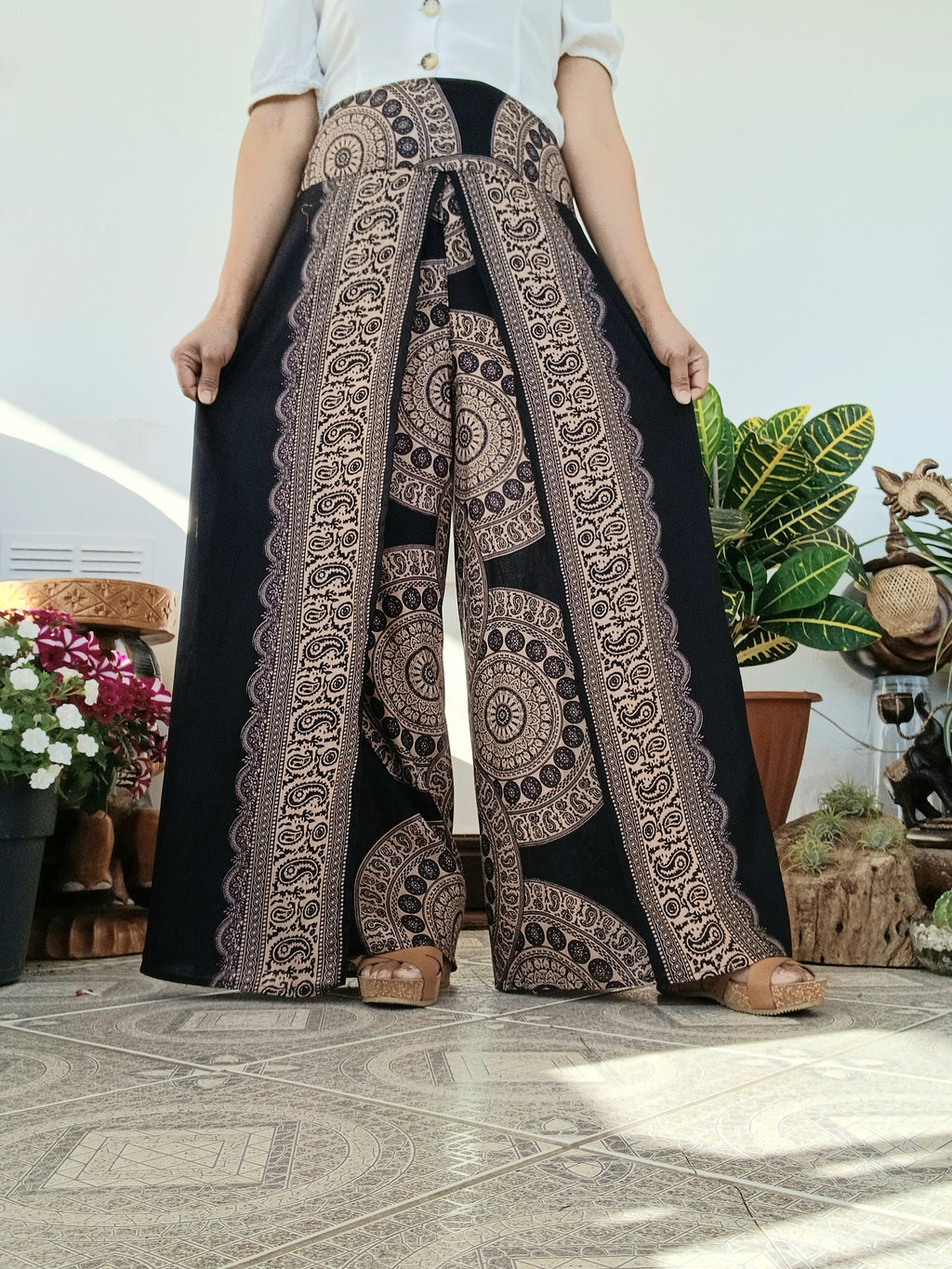 Black,beige Boho high-waisted wrap-around style summer holiday trousers elegant wide leg flowy harem pants One size fits 8-10-12