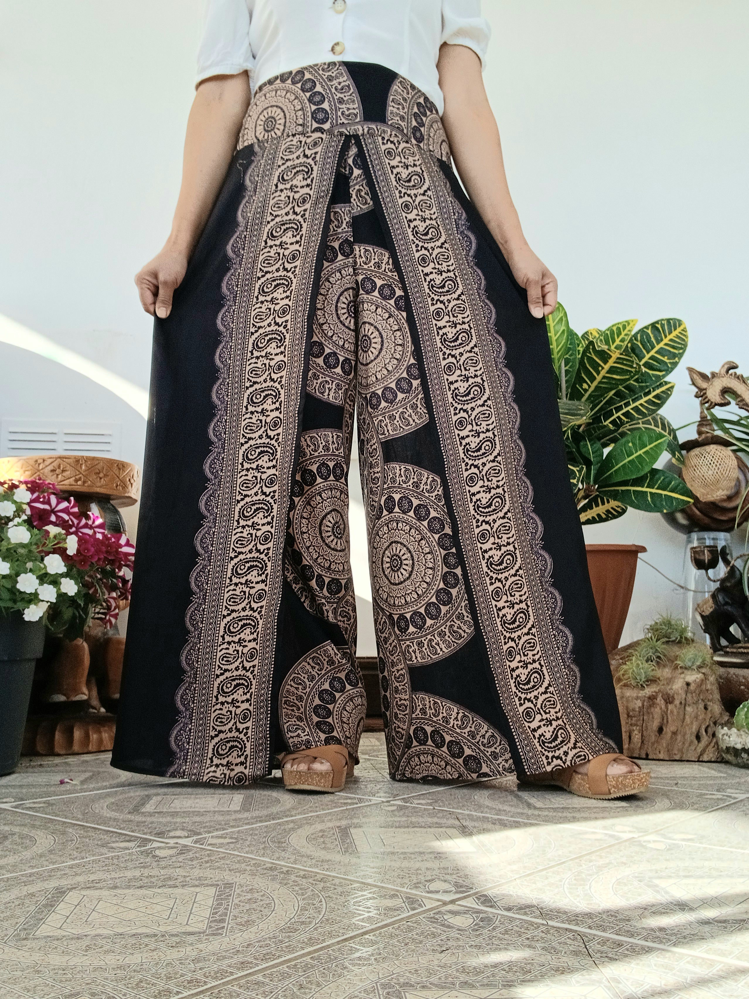 Black,beige Boho high-waisted wrap-around style summer holiday trousers elegant wide leg flowy harem pants One size fits 8-10-12