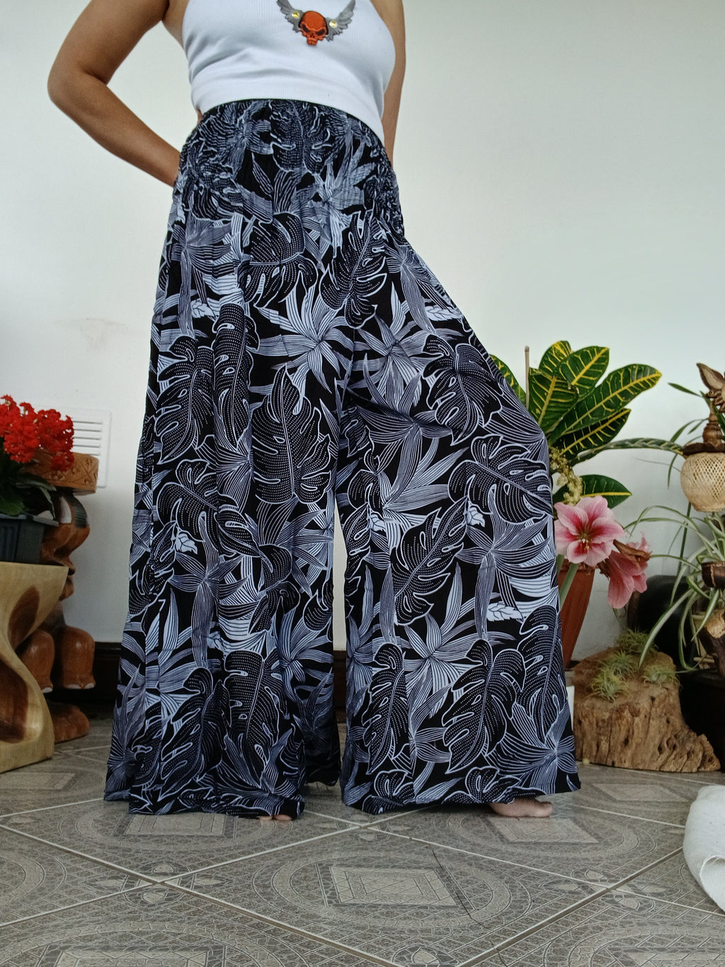 Black Tropical Leaf Wide-Leg Palazzo Harem Pants Boho high-waisted trousers one size