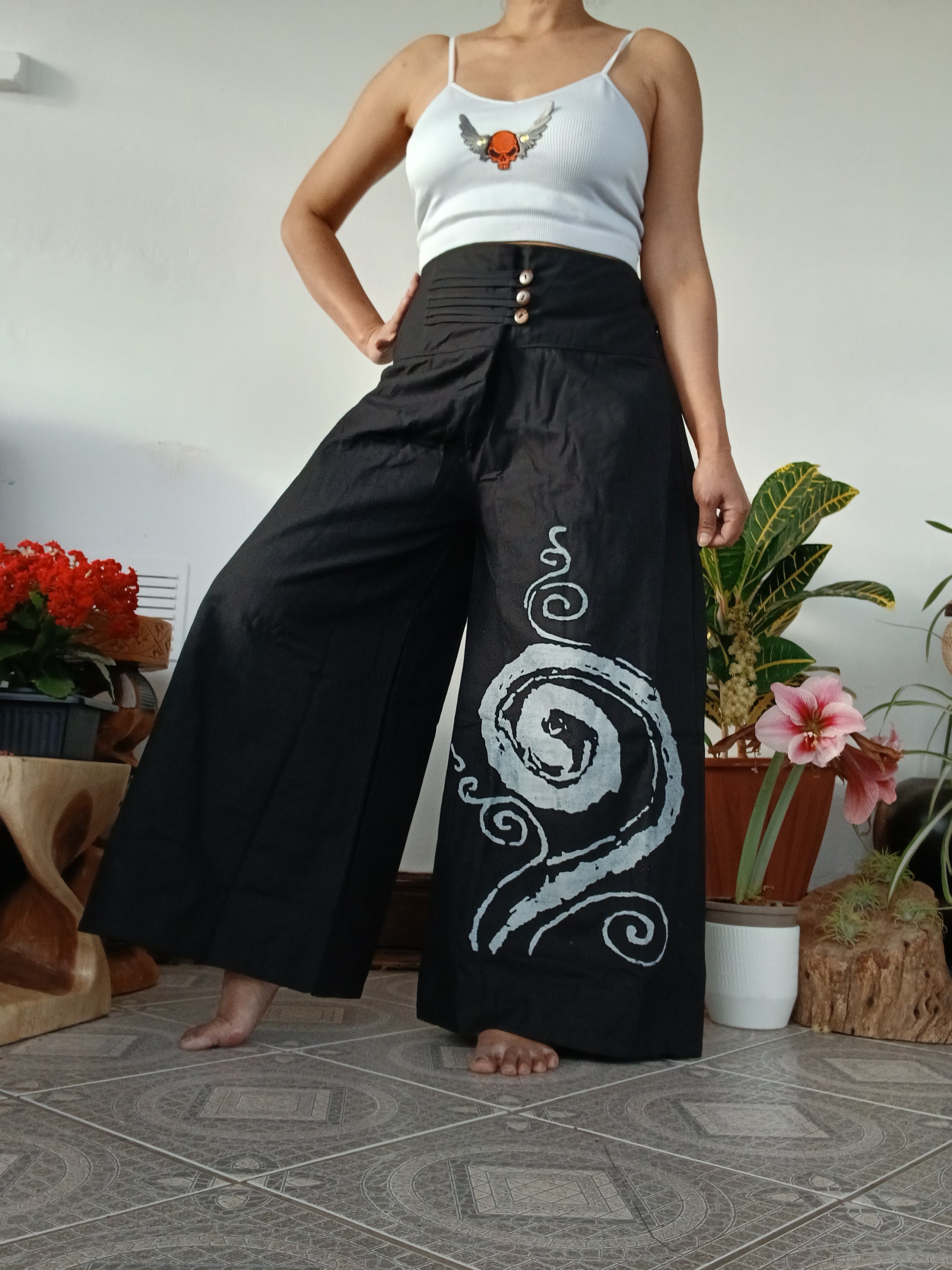 Black cotton baggy boho high-waisted trousers wide leg palazzo flowy harem pants One size fit 8-10-12