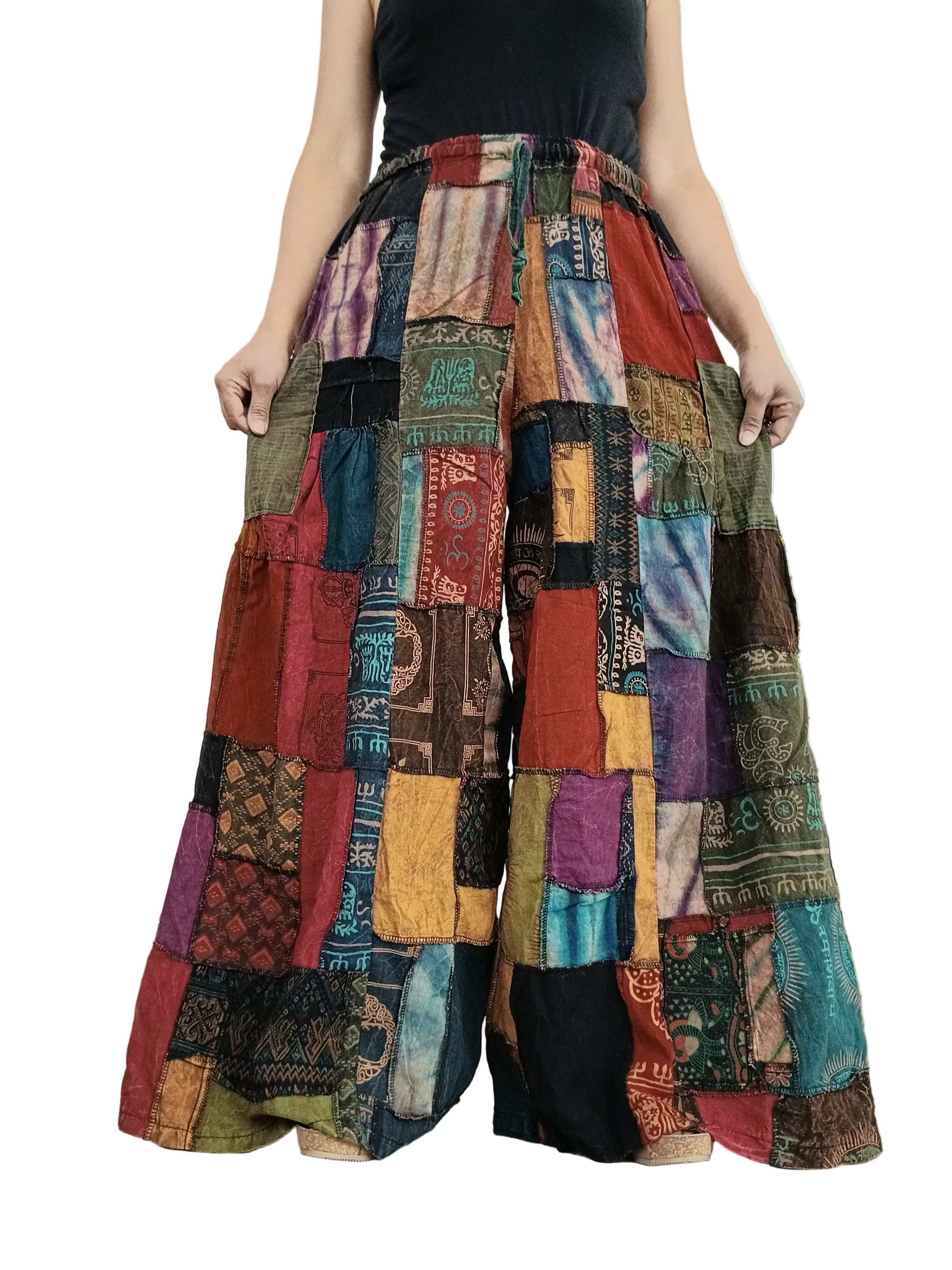 Brown tones patchwork Boho baggy harem pants wide leg palazzo flowy trousers one size fit 8-10-12
